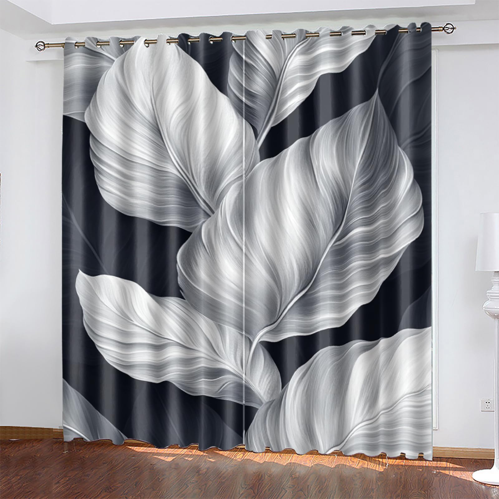 Wazylphin Blackout Eyelet Curtains Grey Leaves White Thermal Blackout Curtains for Bedroom Living Room Black Out Curtain Reduce Noise Eyelet Curtins Durable Polyester Thick Window Curtain 2x75x166cm