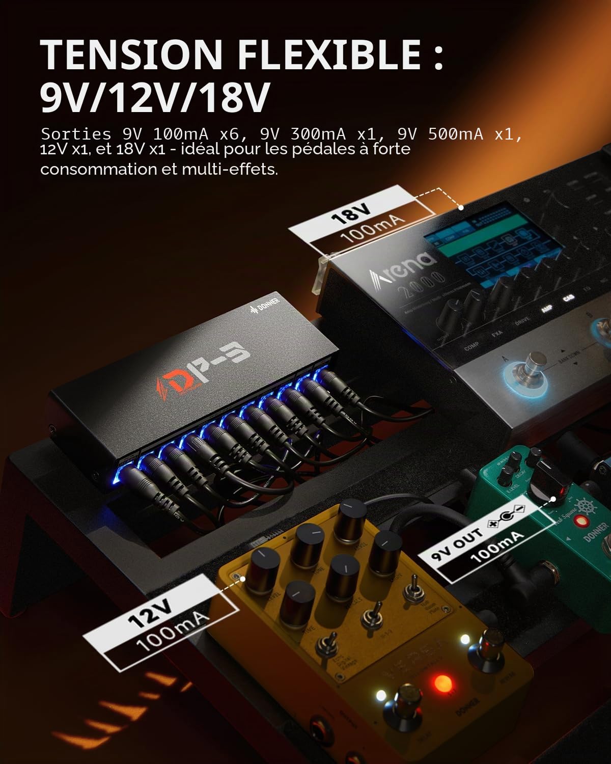 Donner DP-3 Alimentation pour pédales d’effet guitare avec 10 sorties DC isolées pour pédales 9V/12V/18V (100mA/300mA/500mA)