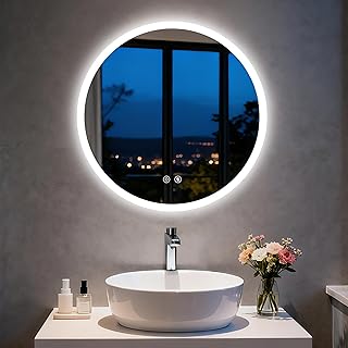 Comprar LUVODI Espejo Baño Redondo con Luz LED, 50 x 50 cm Espejos de Baño, Espejo Pared con 2 Interruptor Táctil, Función Antivaho, Luz Regulable de 3 Colores, Función de Memoria, Impermeable IP66