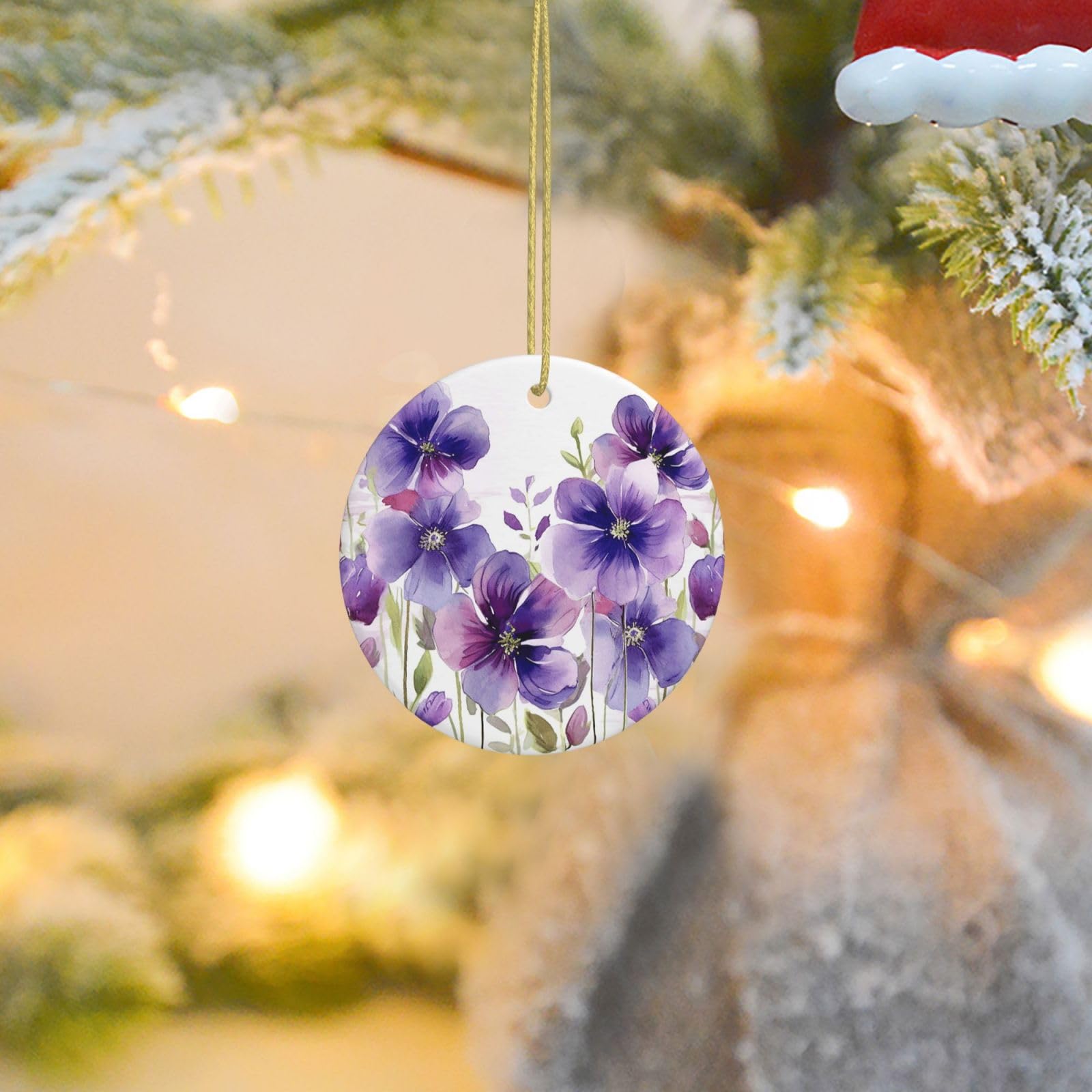 Christmas Tree Ornaments Ceramics Christmas Round Decorations Watercolor Purple Flowers Ceramics Ornaments Circle Pentagram Xmas Tree Hanging Pendant for Christmas Tree Party Holiday Home Decor