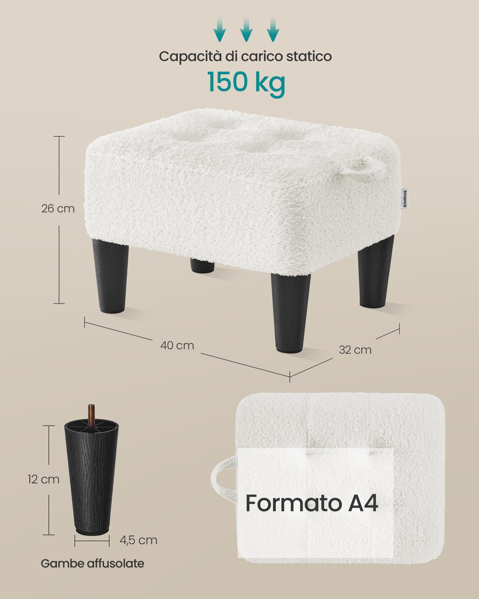 SONGMICS Sgabello Poggiapiedi, Pouf Contenitore in Tessuto Peluche, Imbottitura Spessa, Portata fino a 150 kg, per Soggiorno, Camera da Letto, Ingresso, Bianco Crema e Nero Inchiostro LOM503WD01