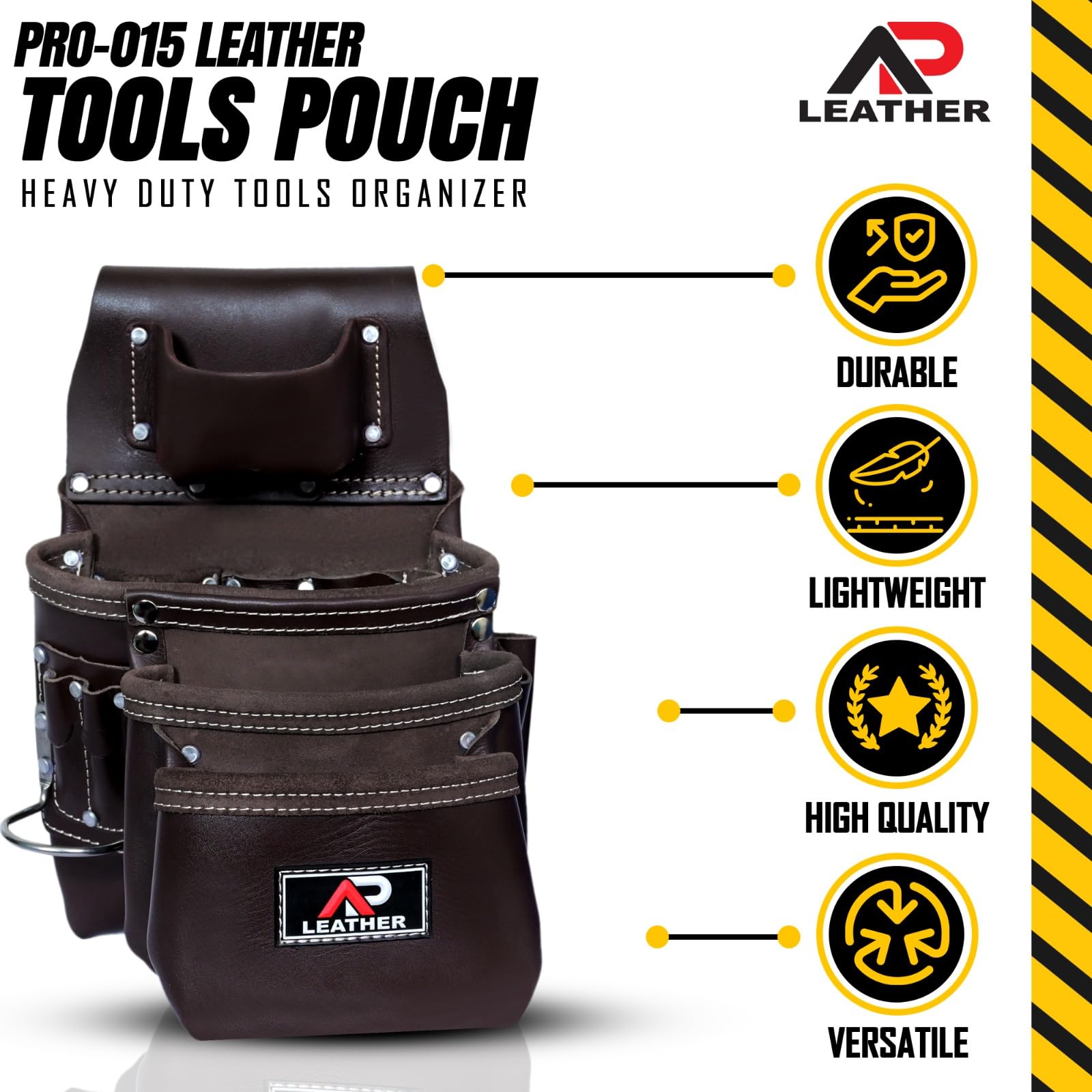 Pro-015 Leder-Werkzeugtasche für den Bau, robuster Hammerhalter, Schnalle, 3 Taschen, groß mit Gürtel, 12 kleine Taschen, Werkzeug-Organizer