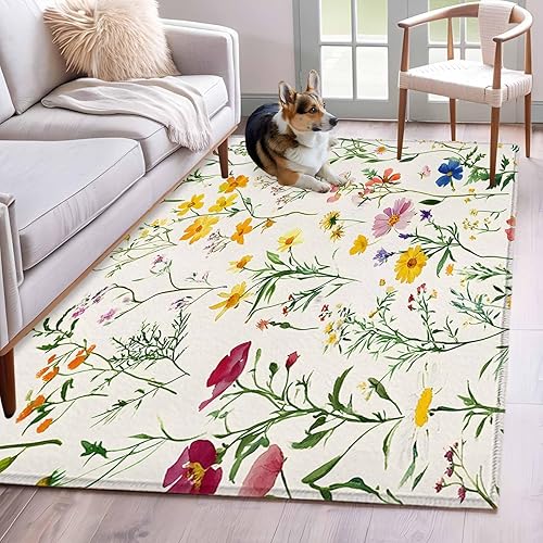 Miniatura 3 de 3x5 Area Rugs, Retro Floral Non-Skid Rubber Backing Large Rectangle Rugs - Living Room Bedroom Home Office, Spring Summer Rustic Botanical