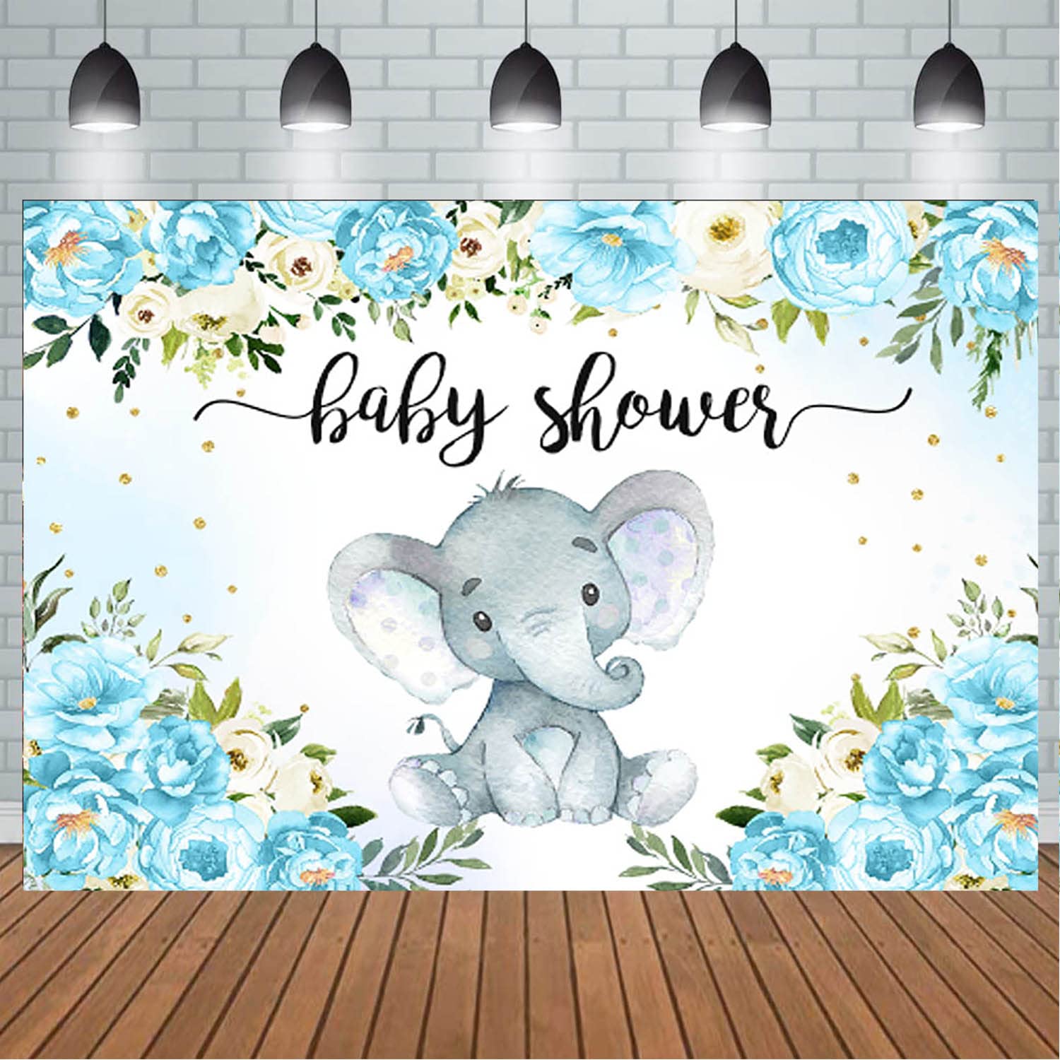 Mocsicka 'Oh Baby Boy' Baby Shower Backdrop - Blue Elephant Theme, 70.8x43.3 Inch Polyester Banner With Rope - View #3