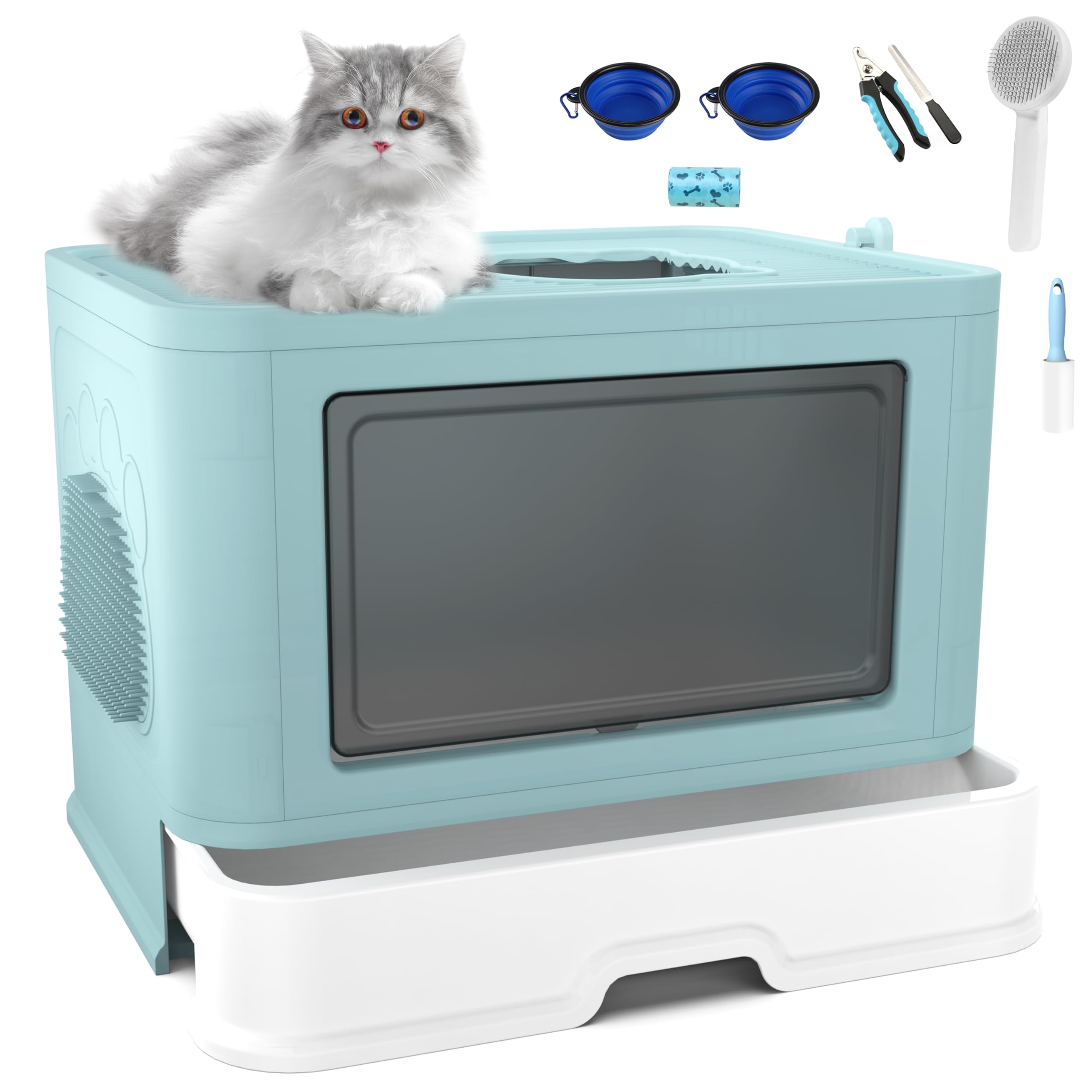 Cat Litter Box with Cat Litter Mat and Scoop, Large Foldable Litter Box with Lid, Front Entry Top Exit Kitty Litter Box, Cat Grooming Brush, Bowl, Sticky Lint Rolle, Nail Clippers for cat Set (Blue)