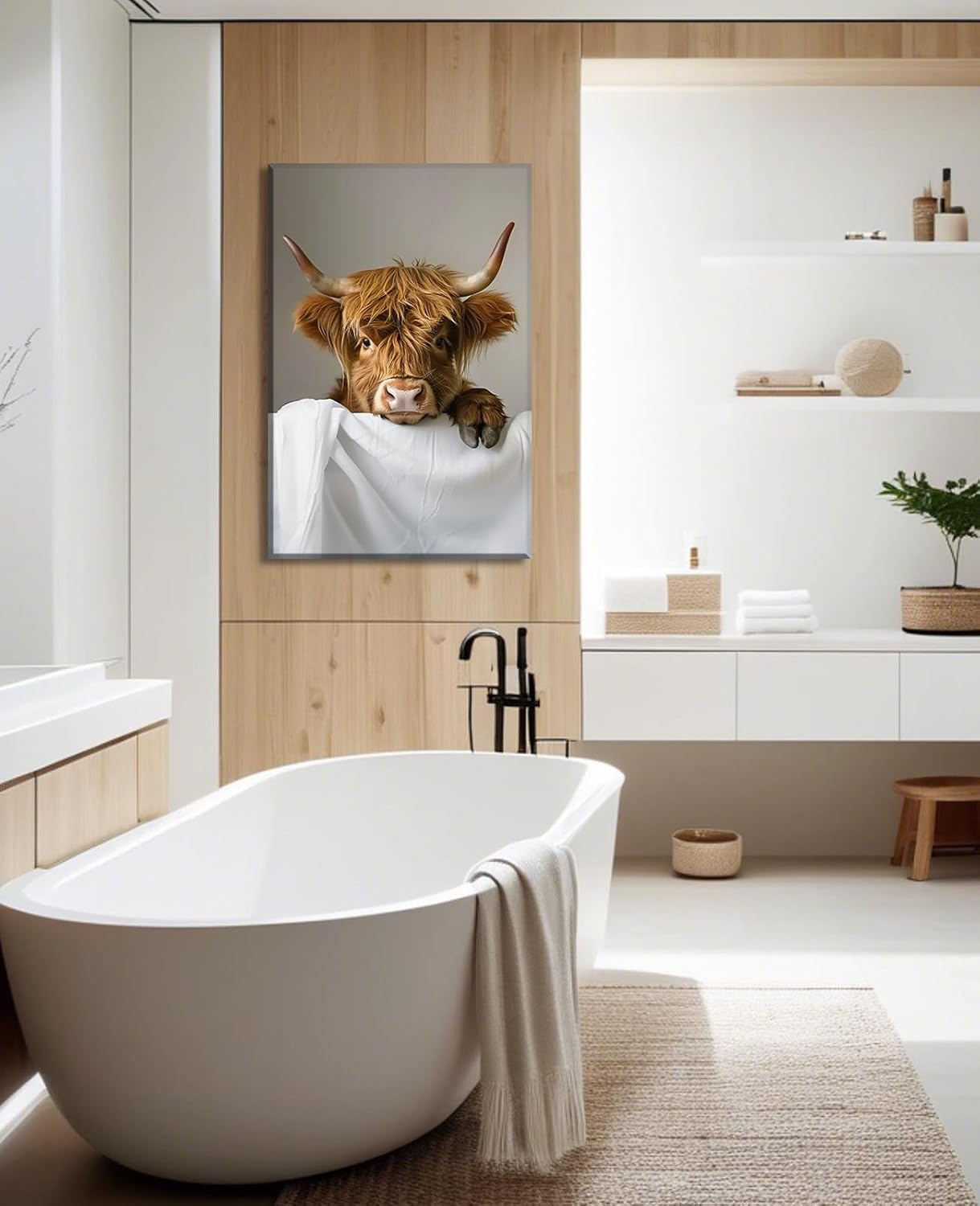 KPLUNDO Funny Cow Bathroom Canvas Wall Art Cute Calf Animal Prints Highland Cow Wrapped in Towel Picture Bath Wall Decor Framed Ready to Hang, 12.00x18.00 inch