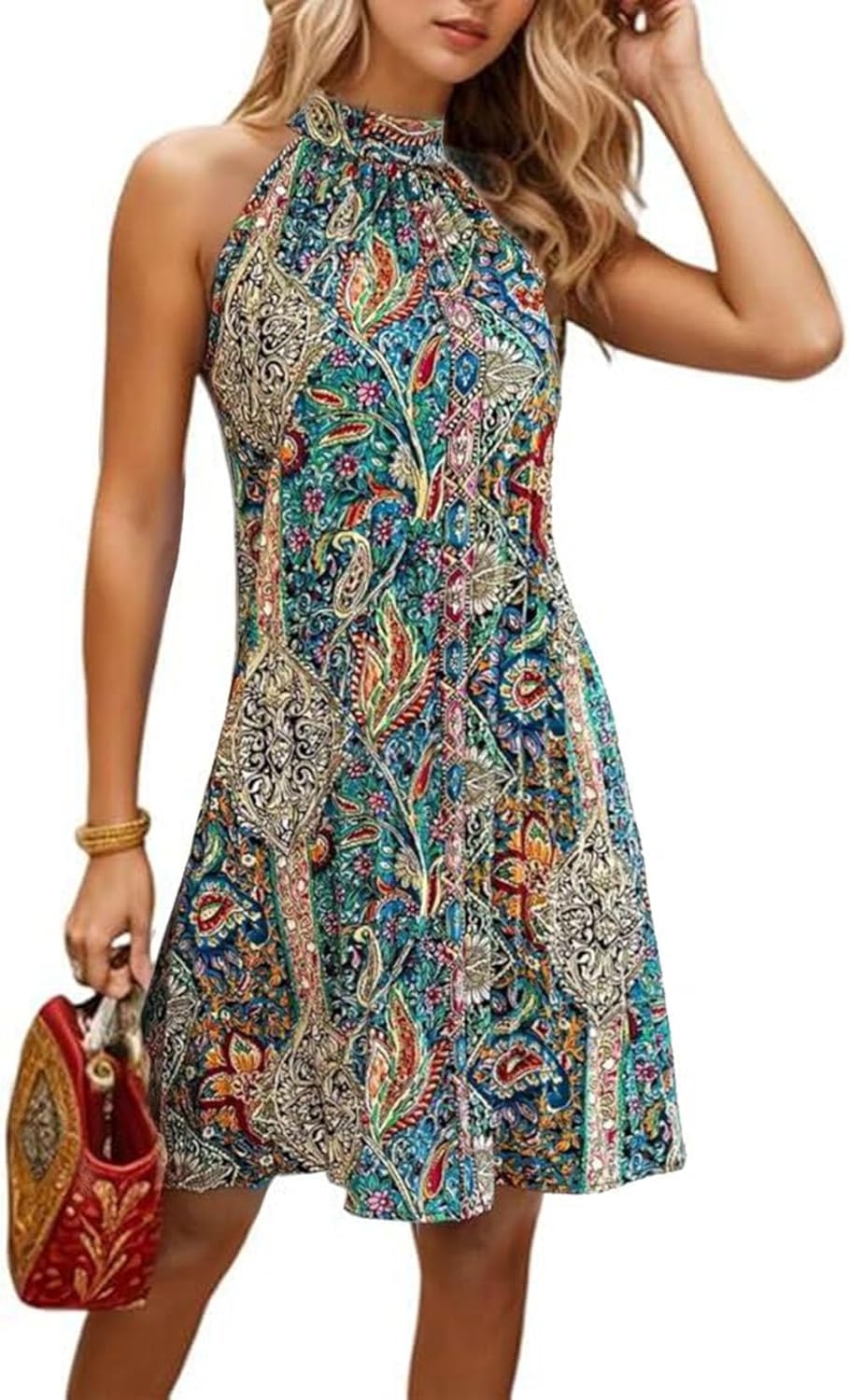 AIMITAG Cute Floral Print Pleated Dress for Women Summer Sleeveless Halter Neck Dresses Boho Tropical Ruffle Sundress