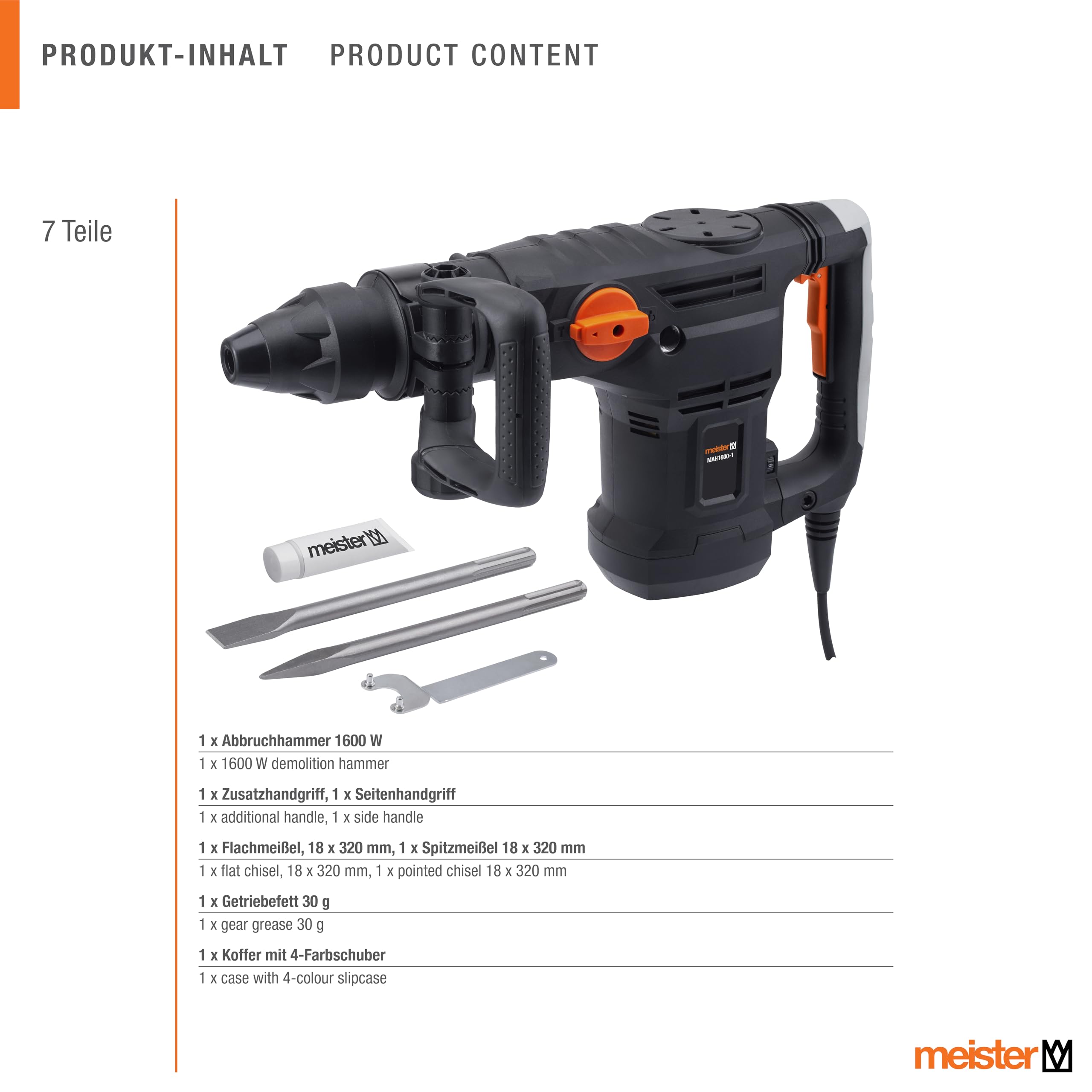 Meister - Martillo de demolición (1600 W, MAH1600-1) - Mandril SDS-Max - Potencia de ataque 25 julios - Mango antivibración - Con cincel plano y puntiagudo/martillo perforador en el maletín/martillo