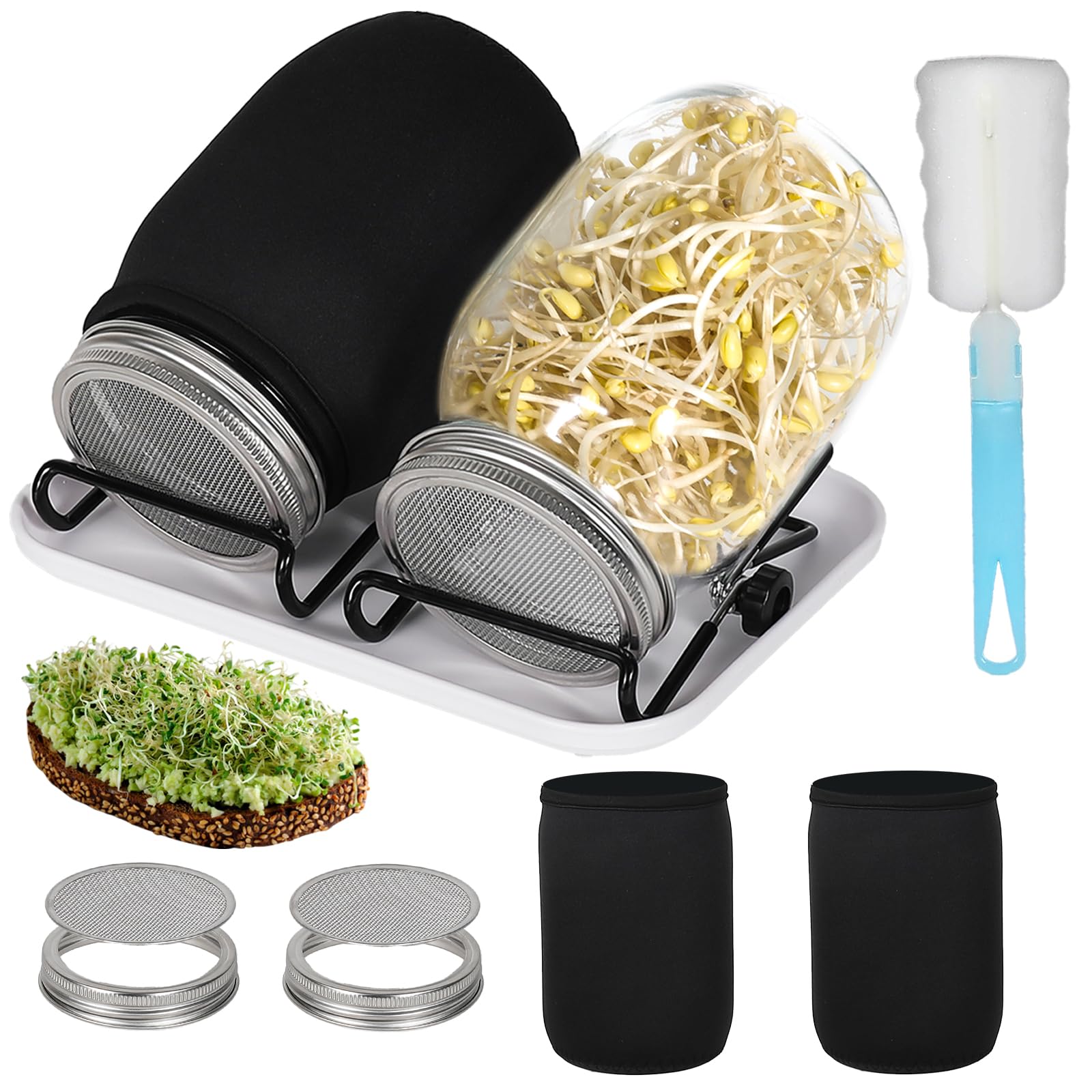 Cinnani Bocal de Germination de Graines, 2 x 1000ml Pots Mason à Large Ouverture avec Couvercles de Germination en Acier Inoxydable 304 avec Plateau, Support, Toile D'ombrage et Brosse
