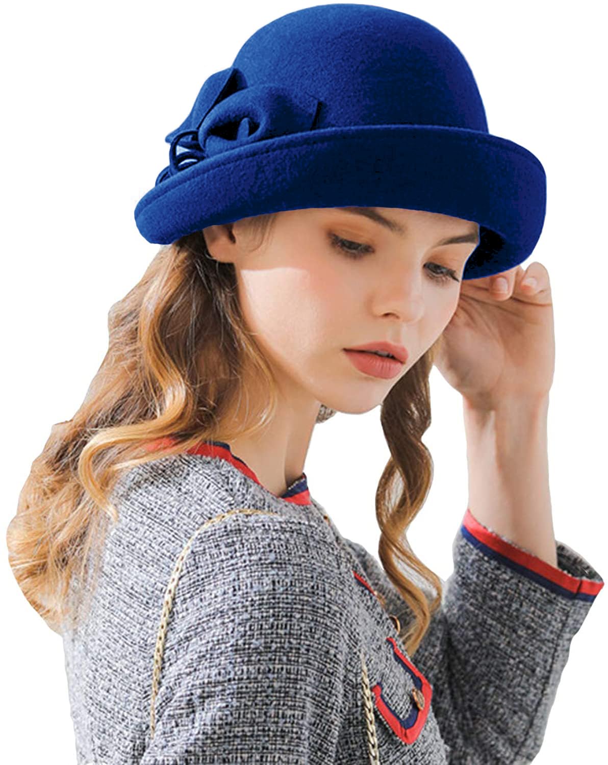 Rzta Women's A04 Blue Vintage 100% Wool Felt Cloche Bucket Bowler Hat Winter Vintage Bow Fedoras Church Fascinator, One Size