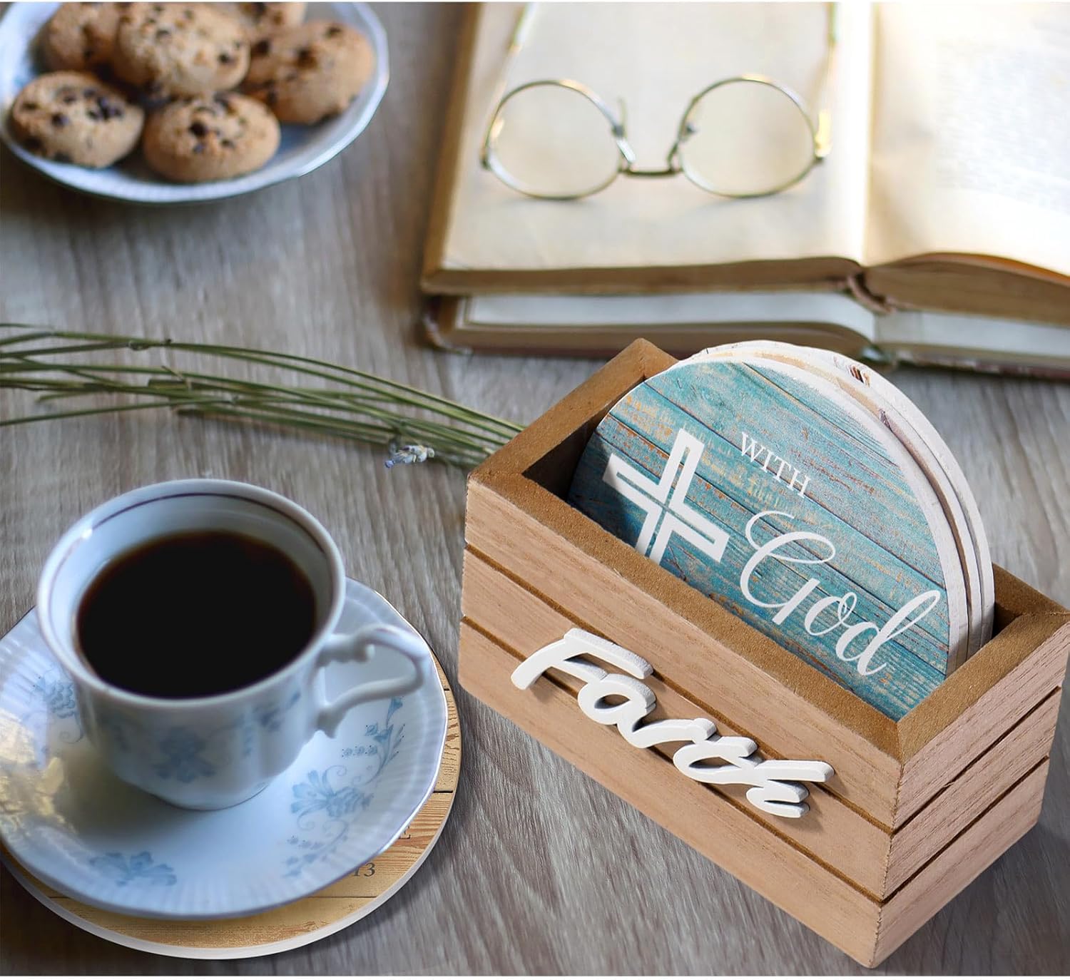 Hushee Wooden Coasters Set of 6 for Drinks with Bible Verses, Housewarming Gift for Home Christian Decoration, Farmhouse Religious Coasters with Holder for Kitchen Decoration, 4''(Classic Farmhouse) - Image 6