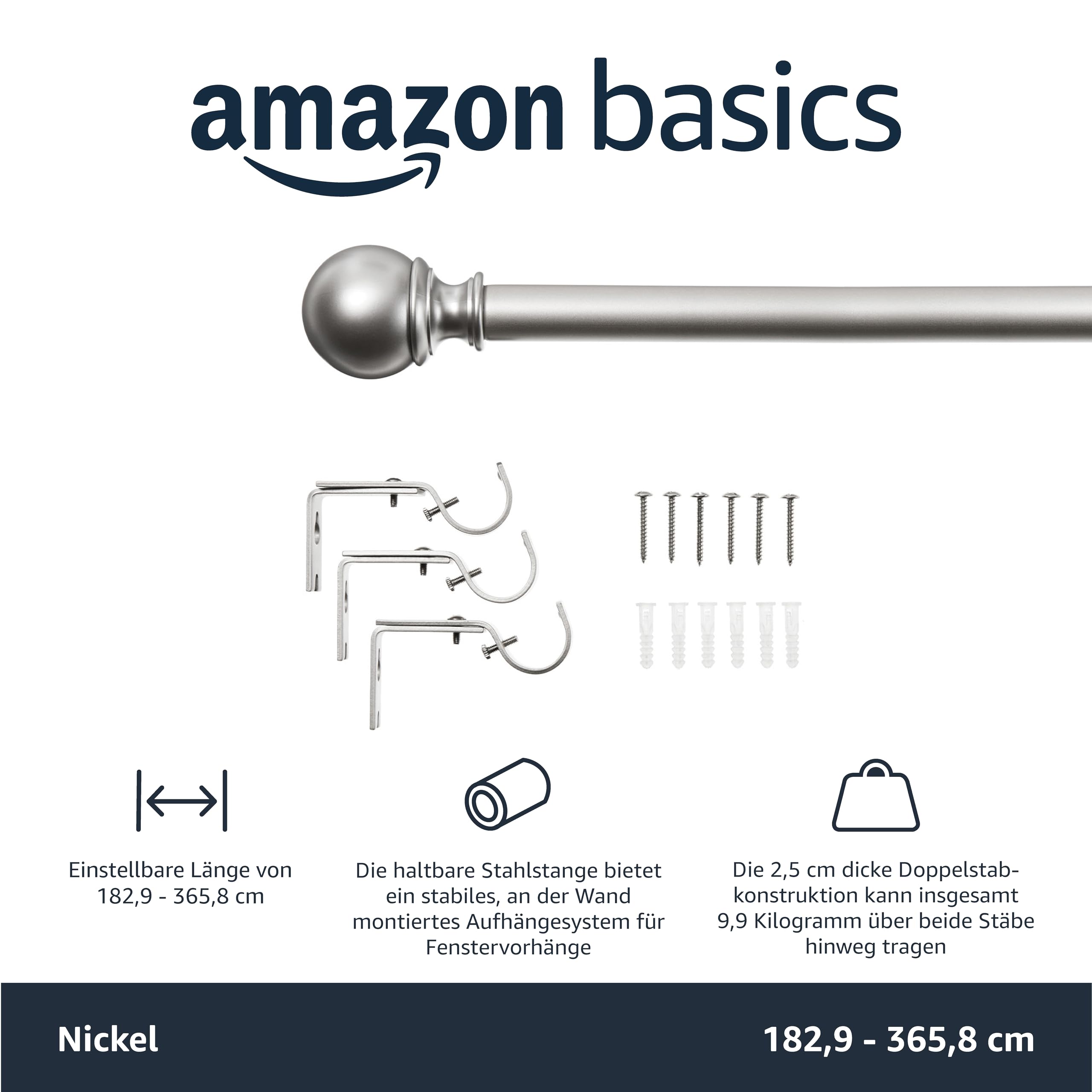 Amazon Basics Ausziehbare Gardinenstange mit Kugelendstücken, 19 mm Durchmesser, 183 bis 366 cm, Nickel