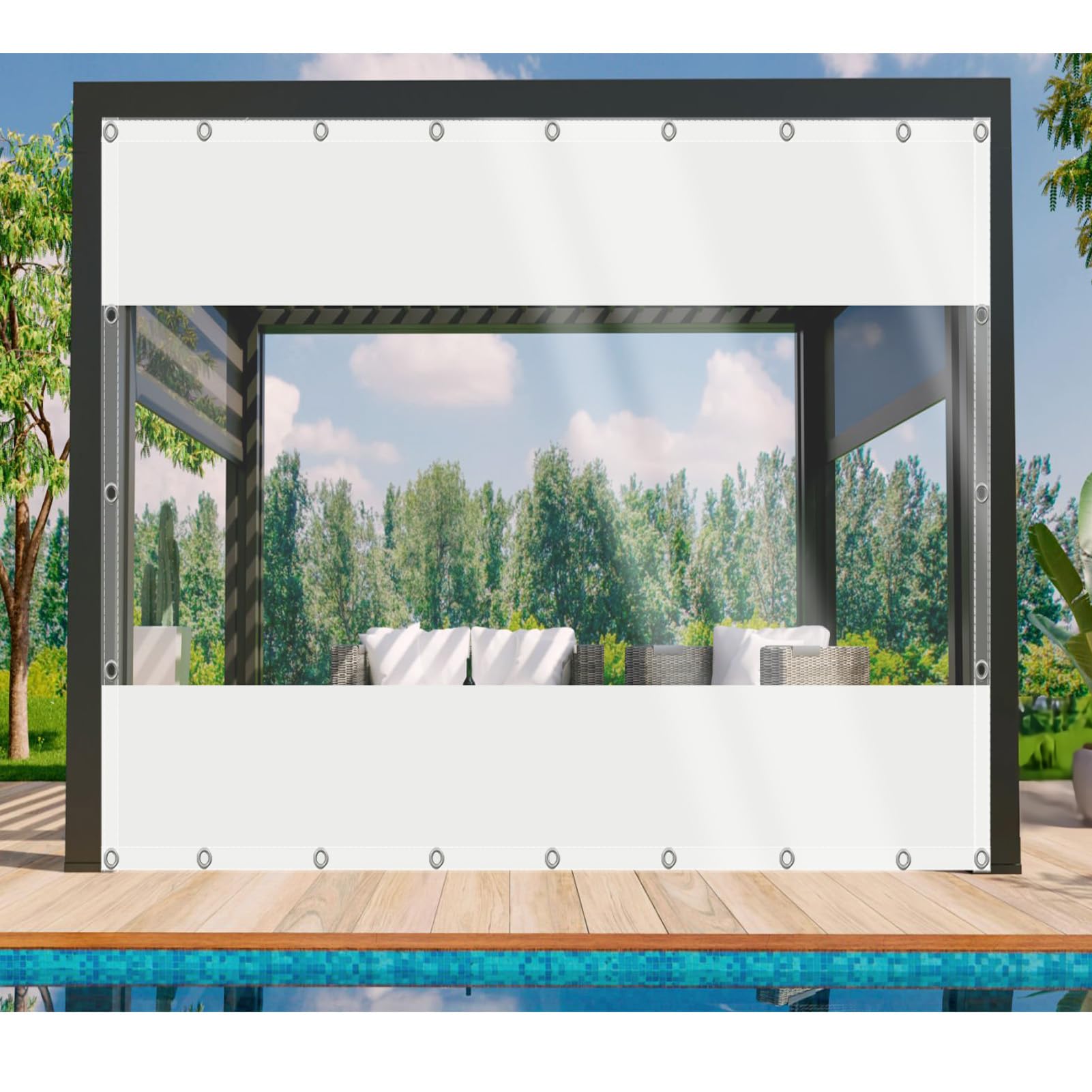 DGSFES Clear Tarpaulin Waterproof Heavy Duty 2.2mxL 2.8m Tarp with Eyelets, Outdoor Transparent Rainproof Tarpaulin 600 g/m² Pergola Side Panels for Garden Patio Cover