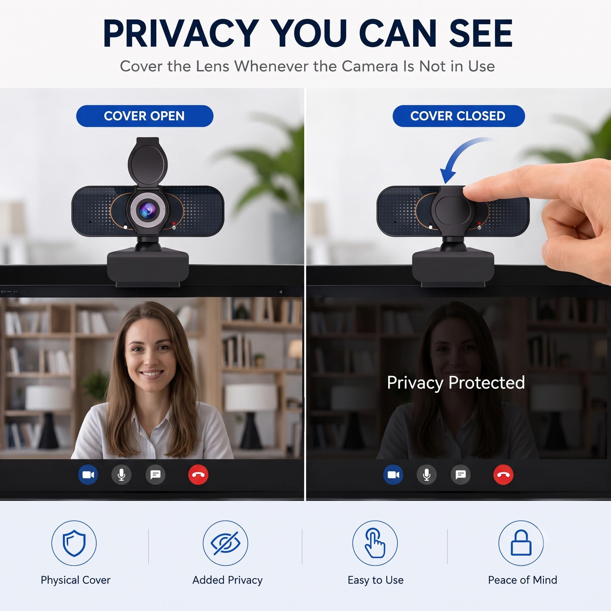 Webcam HD 1080P con treppiede girevole, microfono integrato, copertura per la privacy, fotocamera grandangolare, correzione automatica della luce, USB Plug & Play, per laptop, desktop, PC