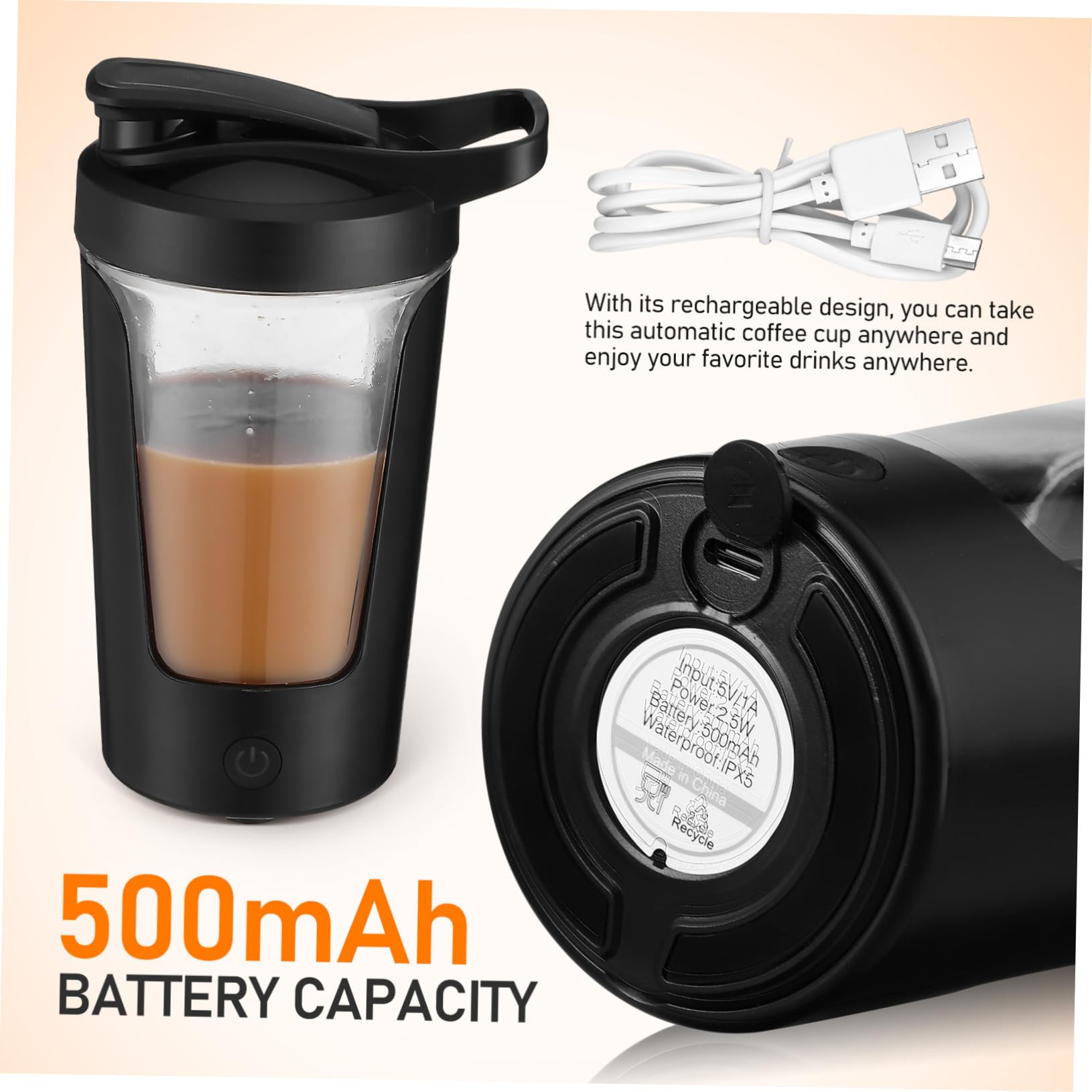 Tasse à Café Shaker Électrique Rechargeable 450ml Noire