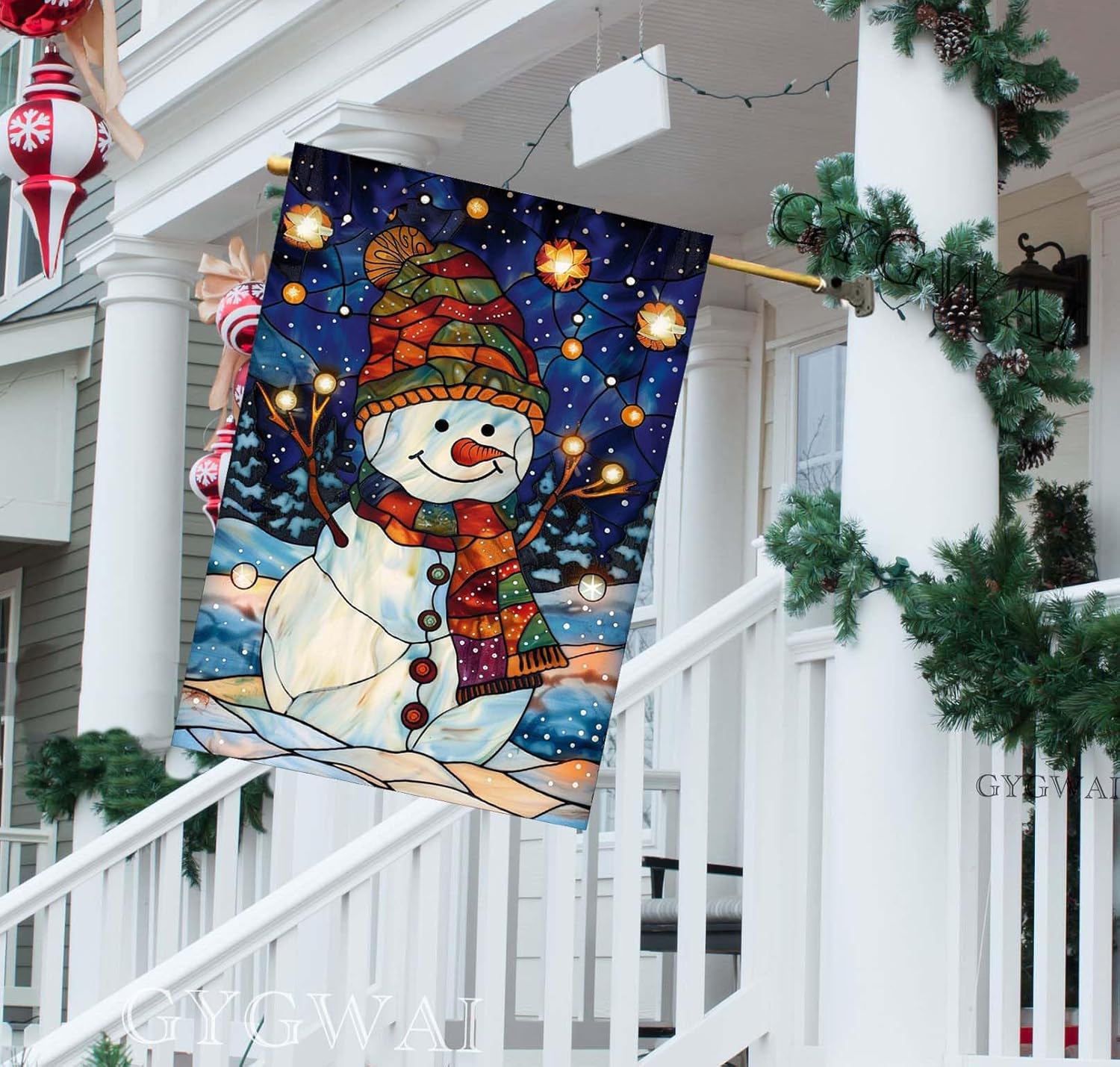 Snowman House Flag Christmas Flags for Outside 28x40 Double Sided Large Stained Glass Winter Outdoor Yard Flag for Outdoor Porch Lawn Farmhouse Decor - Image 6