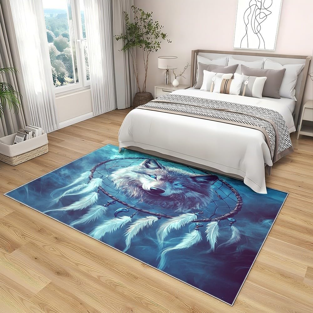 Generisch Teppich rutschfeste für Wohnzimmer Kinderzimmer, TraumfäNger Mit Wolfskopf Dekorteppich für Spielzimmer Esszimmer - Blau Kurzflor Flanell Teppiche Pflegeleicht Waschbare 80x150 cm
