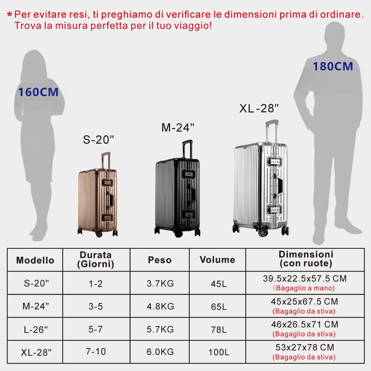 Aoliwei Valigia da Stiva 24" 100% Alluminio, Argento, Senza Zip, TSA