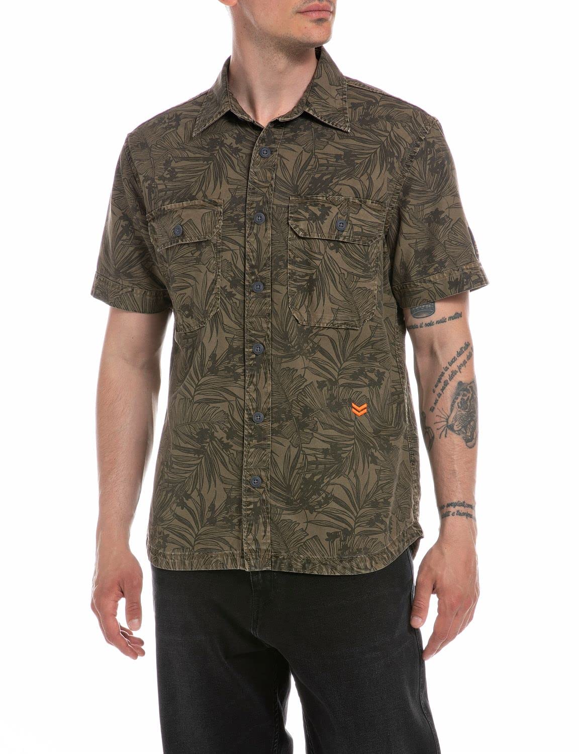 Replay Herren Hemd Kurzarm aus Baumwollmix, Khaki With Print Leaves 010 (Grün), XS