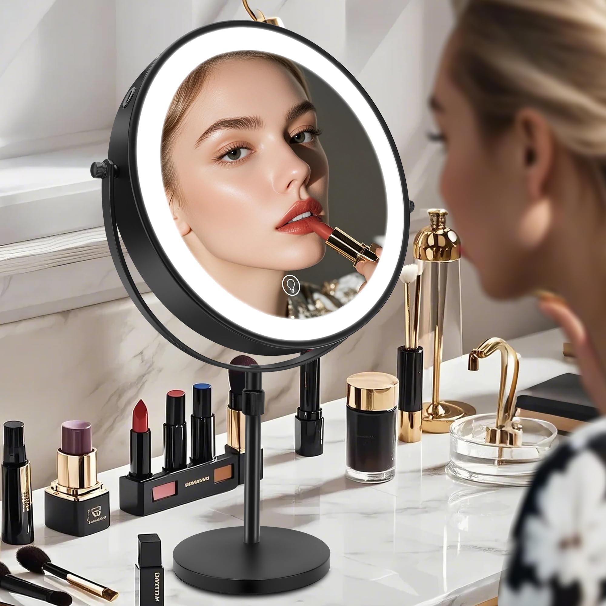 Espejo de Maquillaje de Doble Cara de Altura Ajustable con Luz, 3 Colores de Luz LED e Interruptor Táctil, para Cuidado Personal y Maquillaje (10X)