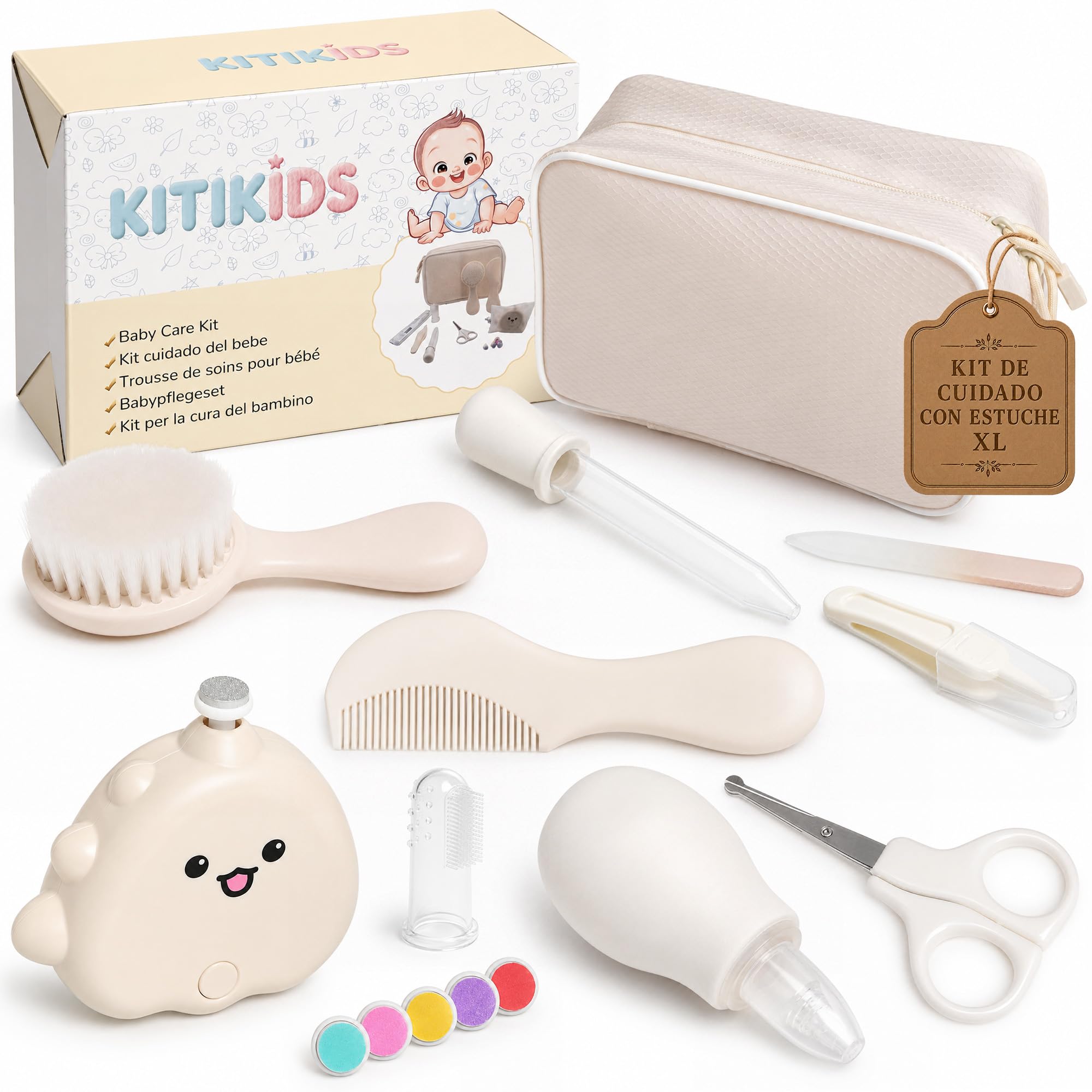Kit completo per la cura del bambino | Trousse per l'igiene neonato con termometro, lima elettrica e in vetro, bastoncino per mosche, spazzolino da denti in silicone, forbici, spazzola