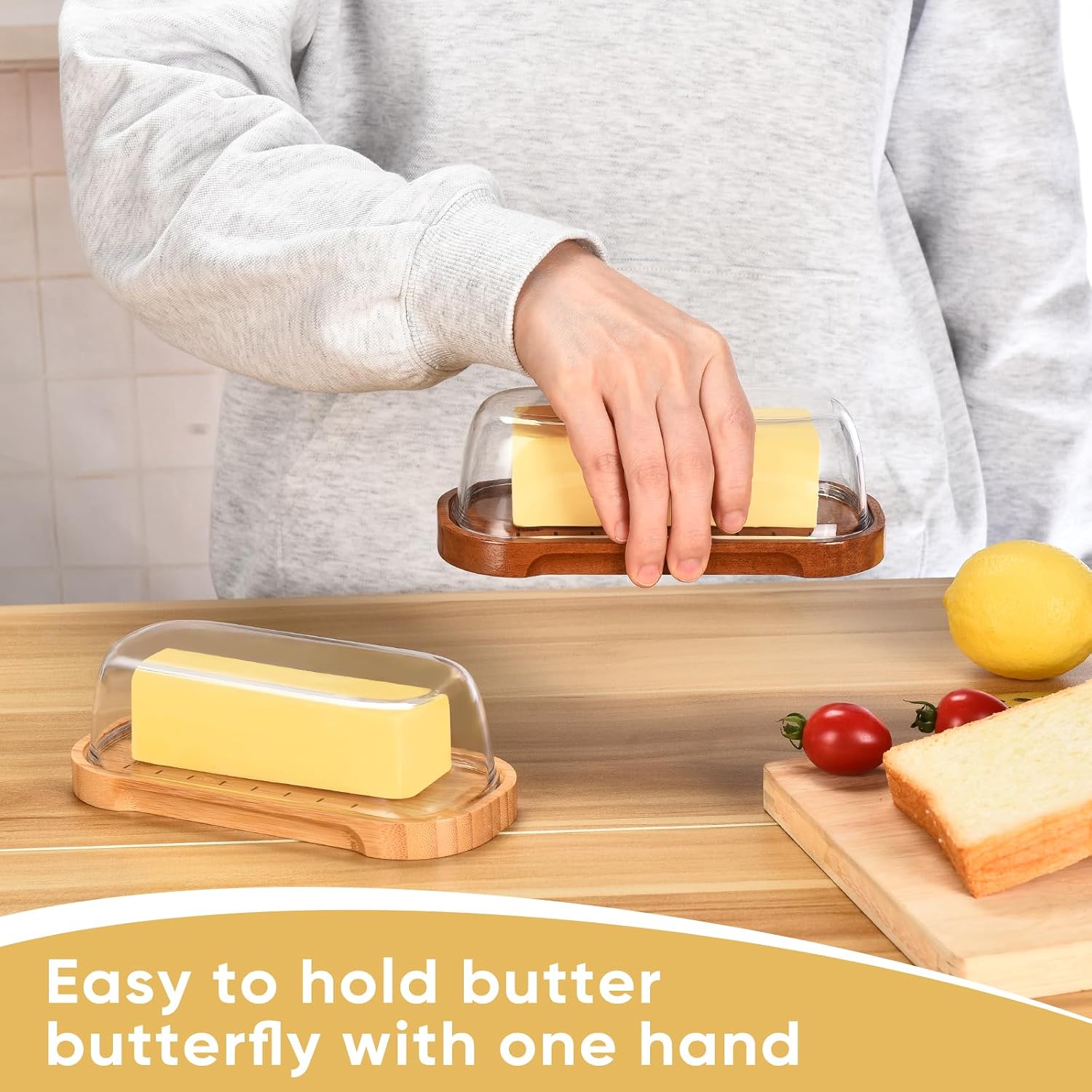 Butter Dish with Lid, Butter Holder for Counter, Bamboo Wood Butter Tray with Lid Fridge, Butter Container Holds for East/West Coast Butter