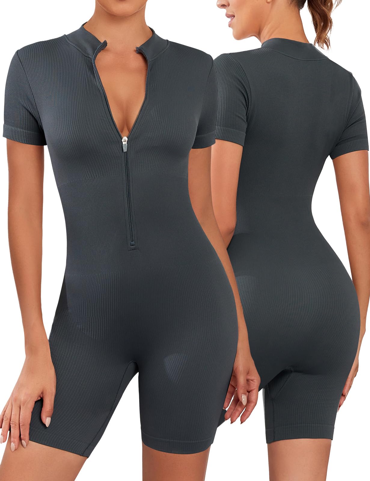 Svanco Mono de Manga Corta Mujer Corto Jumpsuit Deportivo Bodysuit Cremallera Romper Una Pieza de Punto Acanalado per Yoga Fitness Casual Monos para Señoras S-L