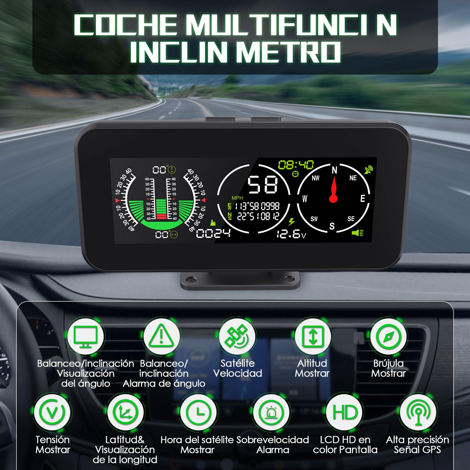 KAISAL Inclinómetro Digital Inteligente para Coche,Brújula GPS Velocímetro con Aviso de Velocidad,Inclinómetro Multifunción con Pantalla HD,Inclinómetro para Vehículos Todoterreno