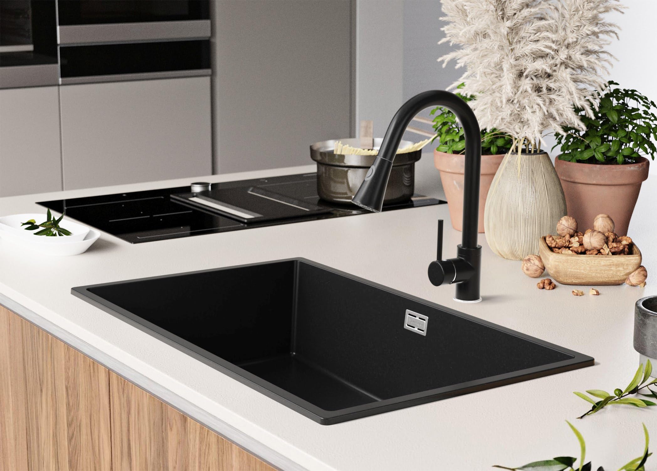 PRIMAGRAN Lavello da Cucina Nero 76x47cm, Lavandino in Granito a 1 vasca + Sifone Classico, Lavabo da Cucina Incasso al Mobile 80cm - London Slim S477