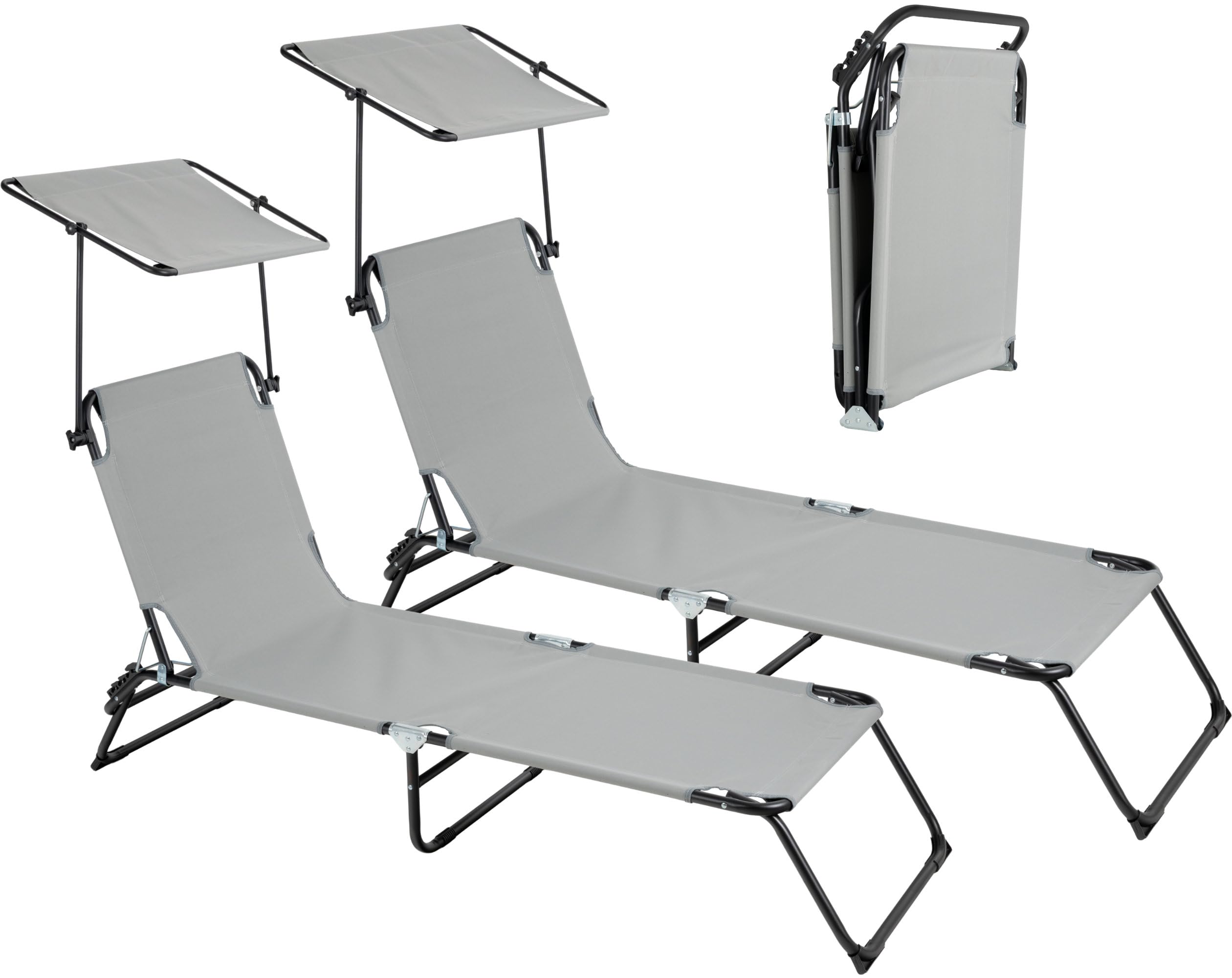 Stagecaptain CS-190 Sonnenliege klappbar mit Dach 2X Set – Gartenliege 190cm - Verstellbare Rückenlehne & Sonnendach - Wetterfest & faltbar für Garten, Balkon, Terrasse, Strand, Camping - Schwarz-Grau