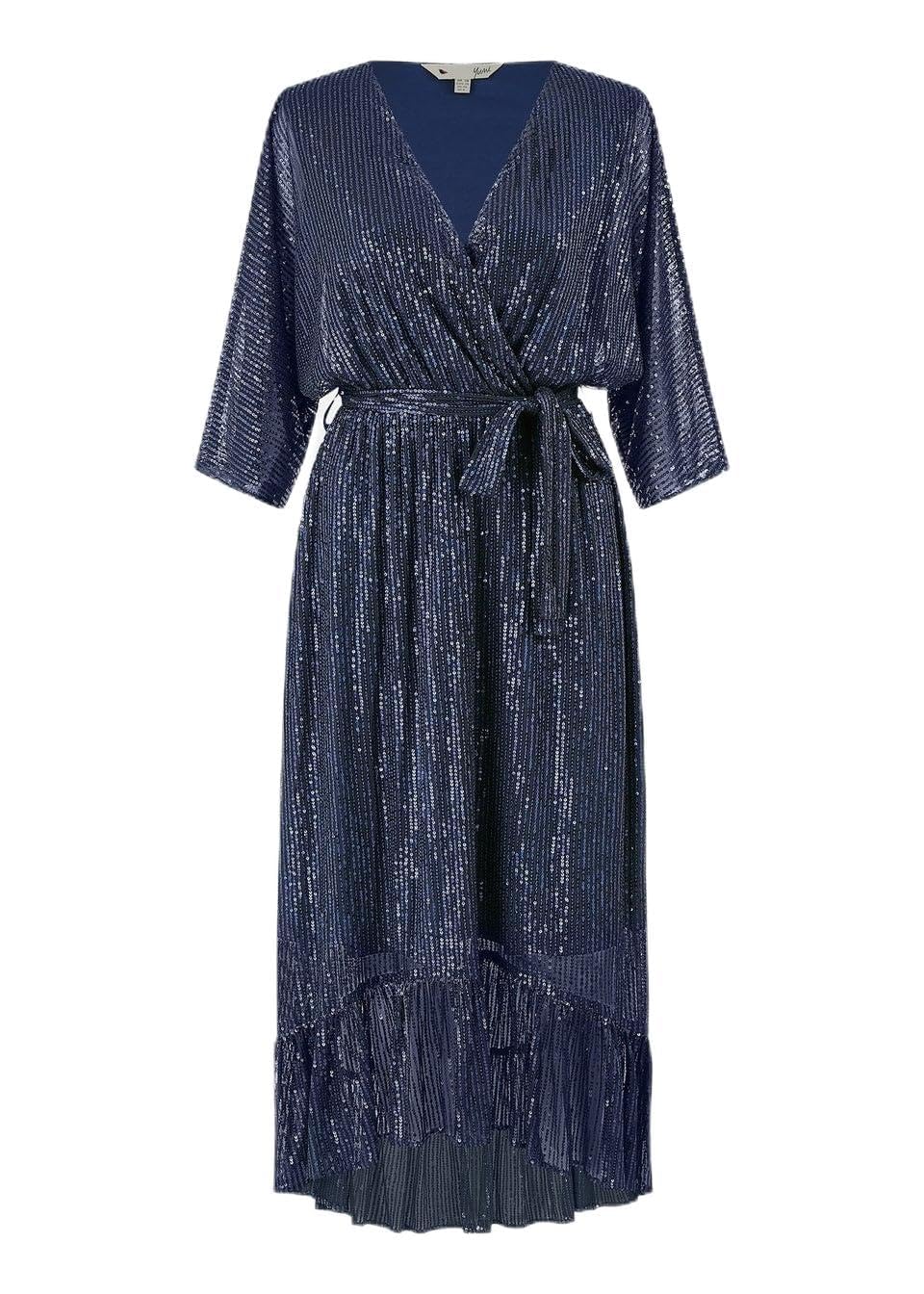 Yumi Women's Navy Sequin Kimono Midi Wrap Dress (Uk, Numeric, 14, Regular, Regular, )