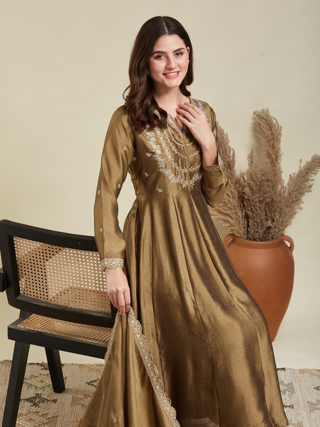 MOKOSH Women's Silk Embroidered Anarkali Kurta Pant Dupatta Set (444-06-M) Golden - Image 4 thumbnail