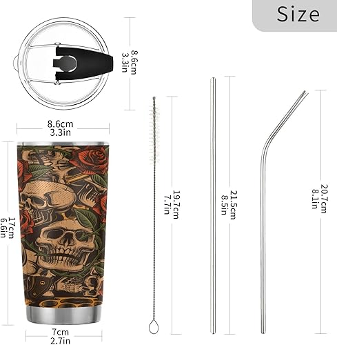 Miniatura 3 de MCHIVER Skulls Guns Roses - Vaso de viaje de 20 onzas, taza de café de acero inoxidable con doble pared, con tapa y popote aislado, sin BPA
