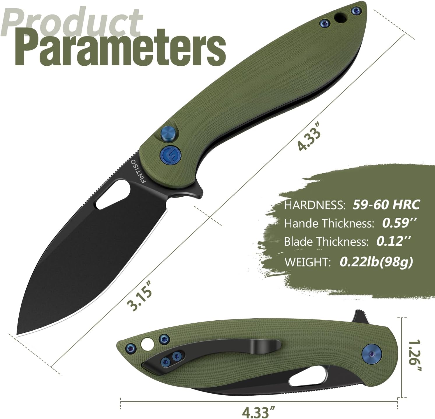 FINTISO Pocket Knife, 3.1" Premium 14C28N Blade Folding Knife with Button Lock, EDC Knife with G10 Handle for Camping, Hunting, Survival, Best Gift for Men Women