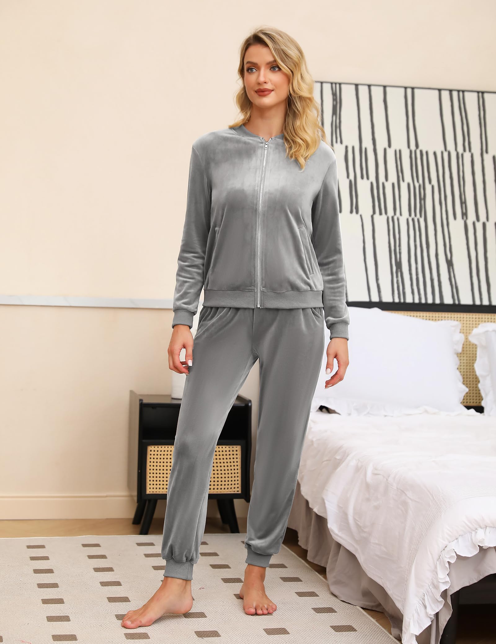 Irevial Tuta Sportiva Donna Velluto Tuta da Ginnastica Due Pezzi Casual Casa Pigiama Set con Giacca a Zipper e Pantaloni Lunghi Primavera Autunno Training Sportwear Comoda