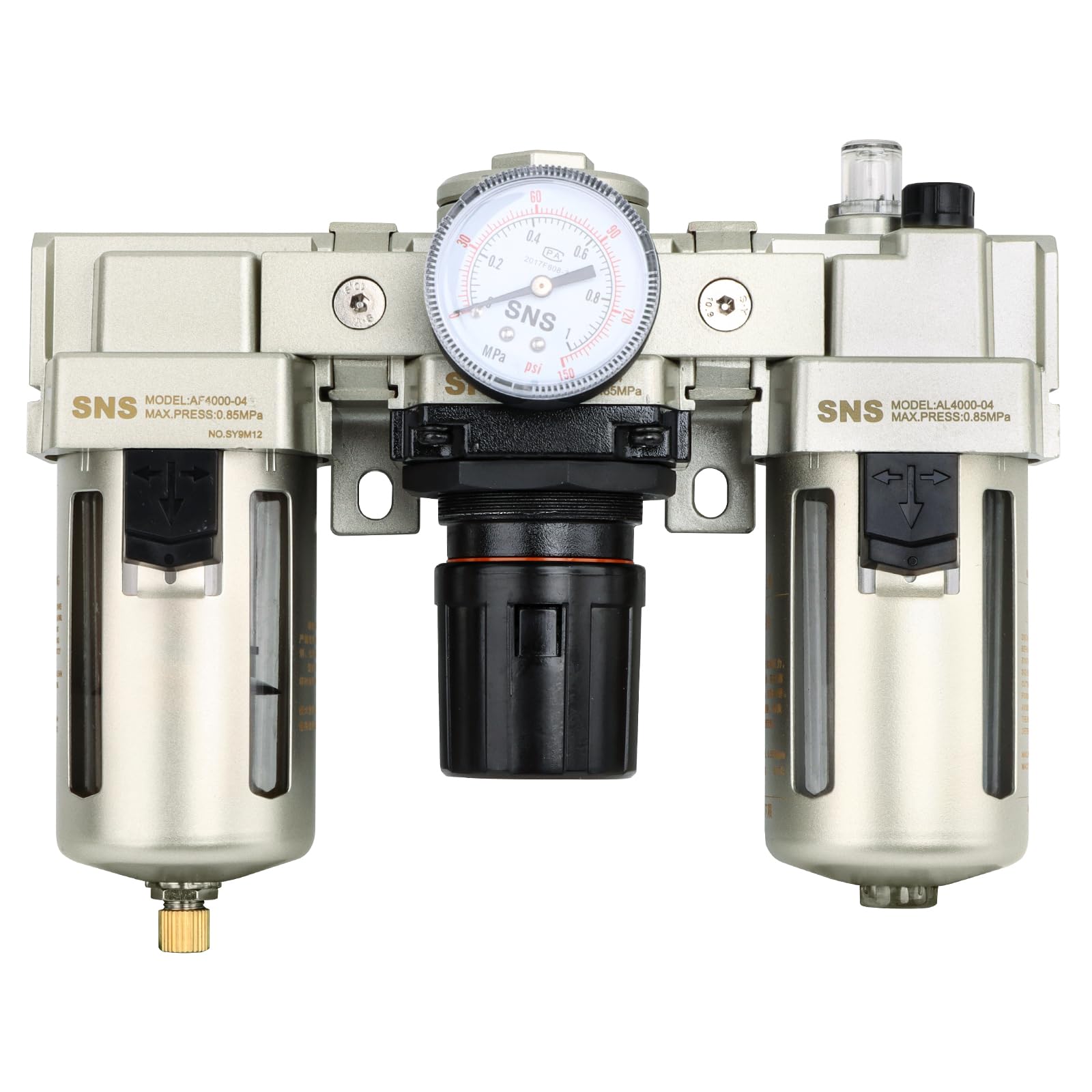 Sponsored Ad - SNS 1/2" NPT Compressed Air Filter Regulator Lubricator Three Unit Combo FRL Water/Oil Trap Separator, Semi-auto Drain, 5 Micron Brass Filter, Gauge and Bracket, Poly Bowl with Metal Guard AC4000-N04A