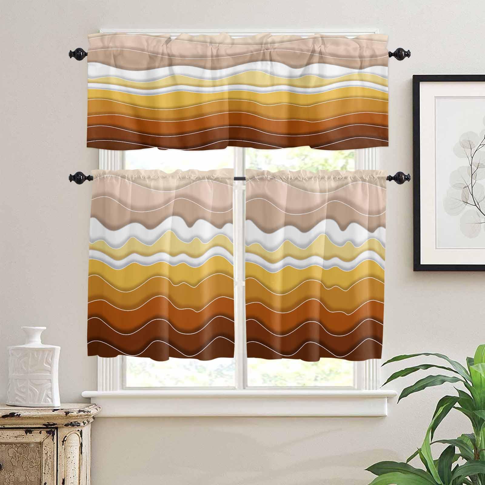 Burnt Orange Ombre Stripe Kitchen Curtains 36 Inch Length,3 Piece Rod Pocket Small Half Tiers and Valance Set,Abstract Summer Beach Coastal Small Large Window Treatment Decor for Bedroom/Bathroom