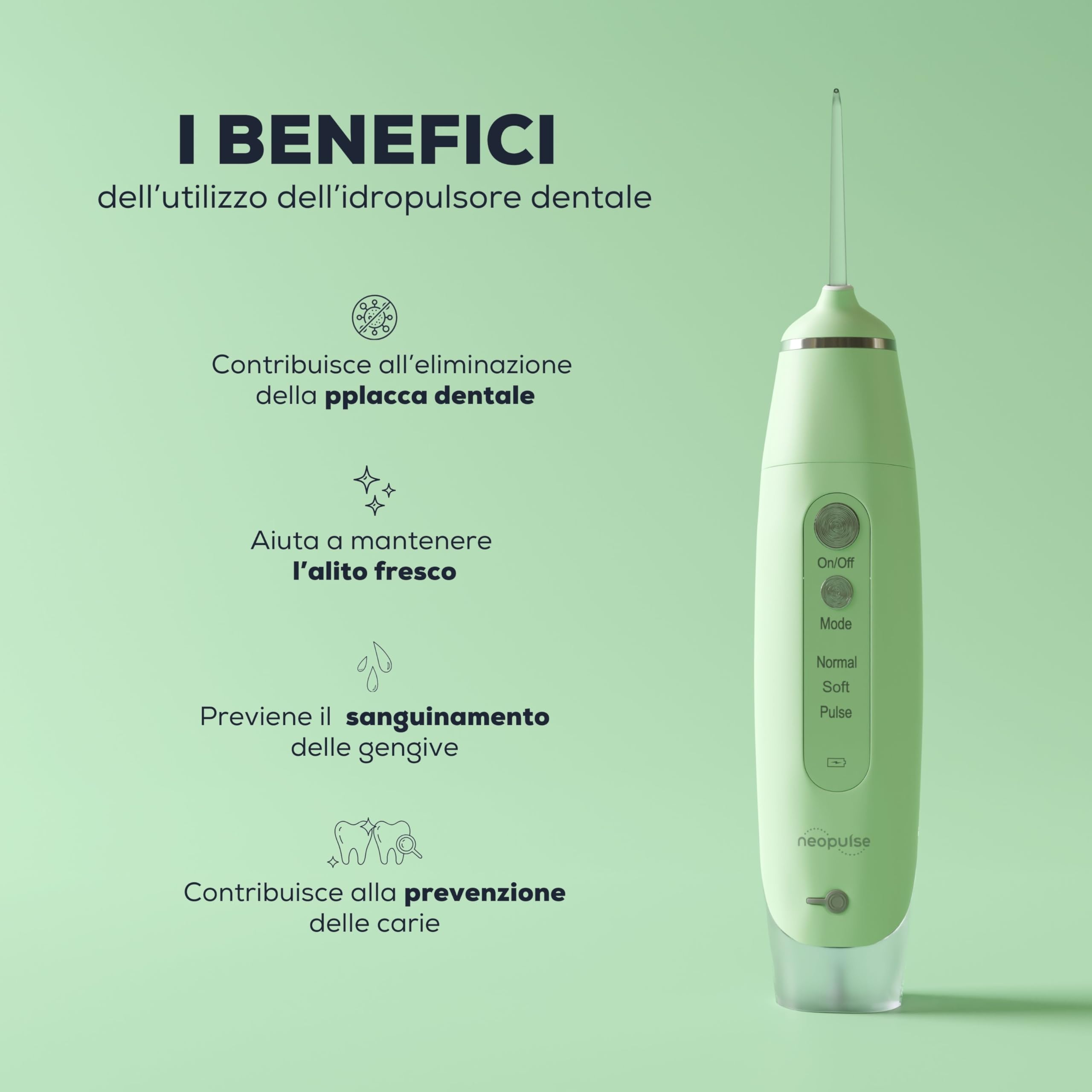NEOPULSE® My First Jet Dentale Ultra-Compact - Idropulsore 2 in 1-4 cannule, 6 pressioni regolabili, 165 ml serbatoio rimovibile - elimina la placca dentale, pulisce i dispositivi ortodontici - verde