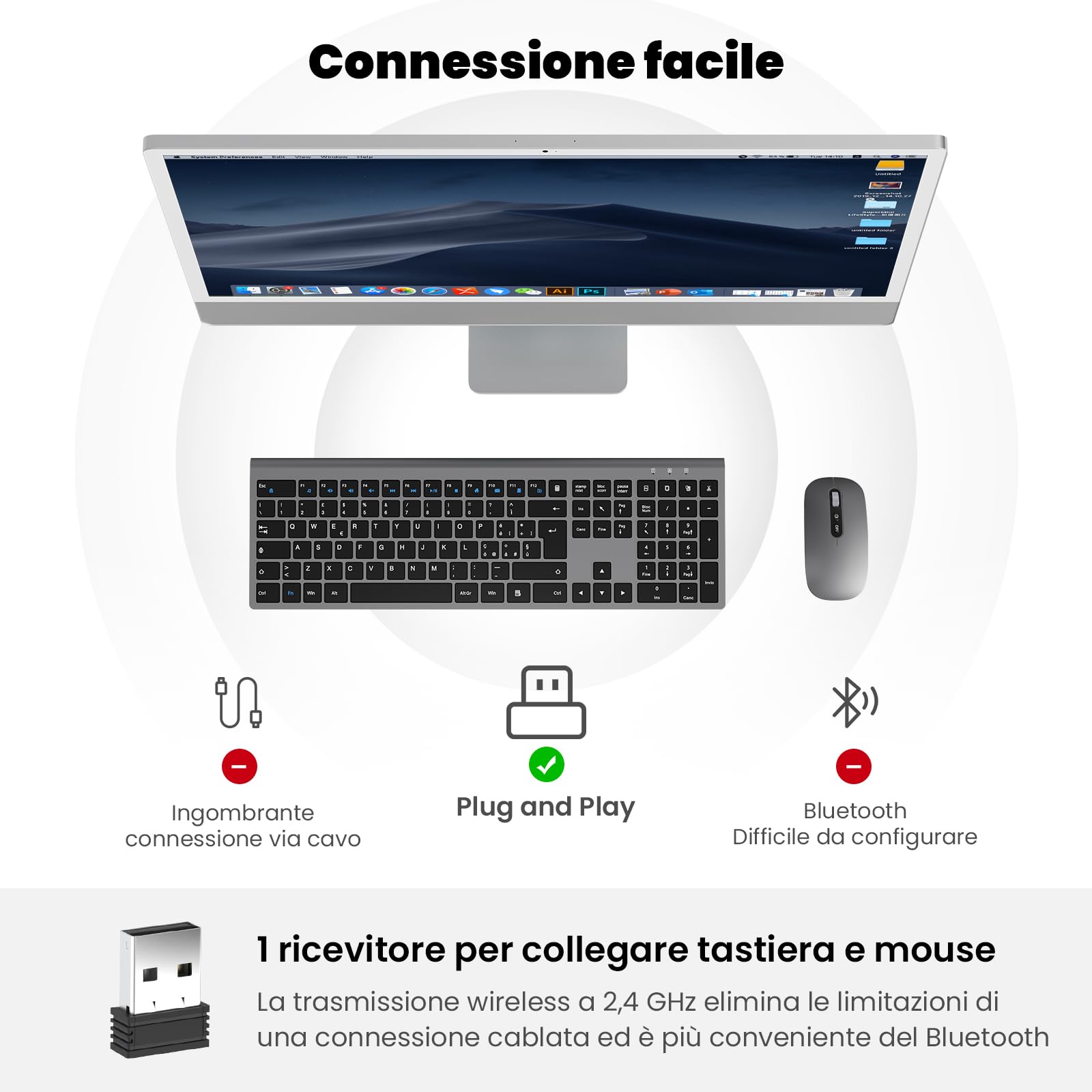 Tastiera e Mouse Wireless - cimetech Tastiera Wireless Ricaricabile 2.4G, Layout Italiano QWERTY, Tastiera Design Ergonomico, Ultra Sottile per Computer/Desktop/PC/Laptop/Windows 10/8/7 (Grigio)