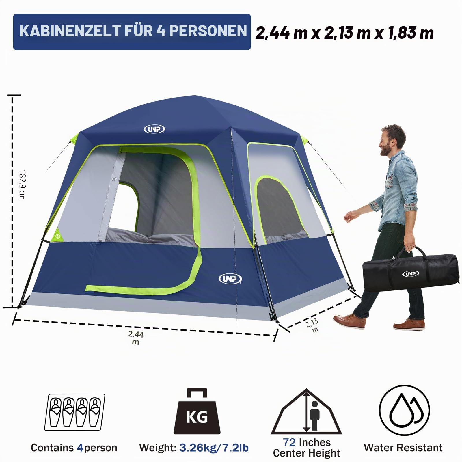 UNP Campingzelt FüR 4-8 Personen, Einfach Aufzubauen, Wasserdicht Mit Regendach, FüR Camping/Wandern Und Trekking, Zelt Stehhöhe