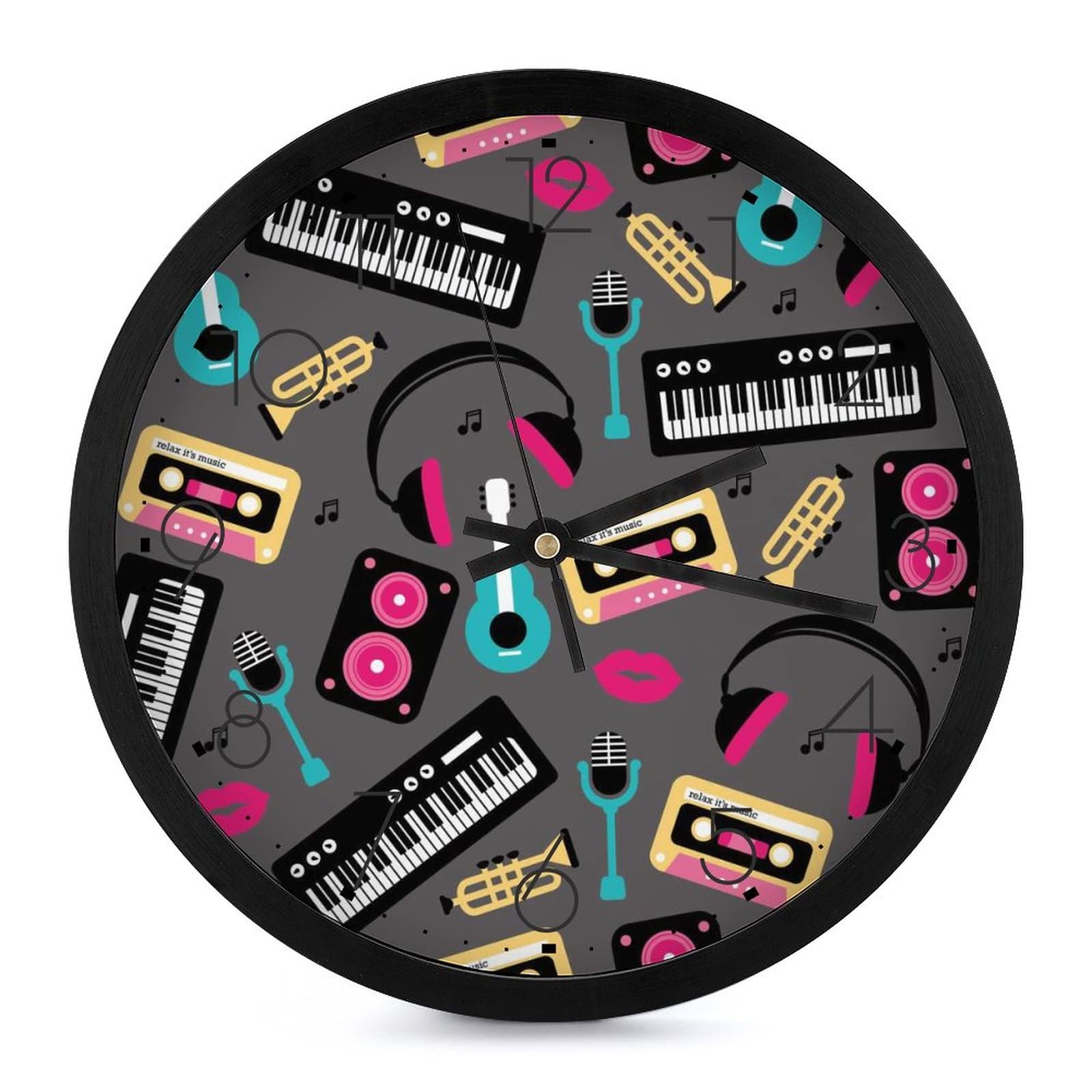 Guitare à Clavier Horloge Murale Ronde Grand Chiffre Décoration Salon Chambre 25cm