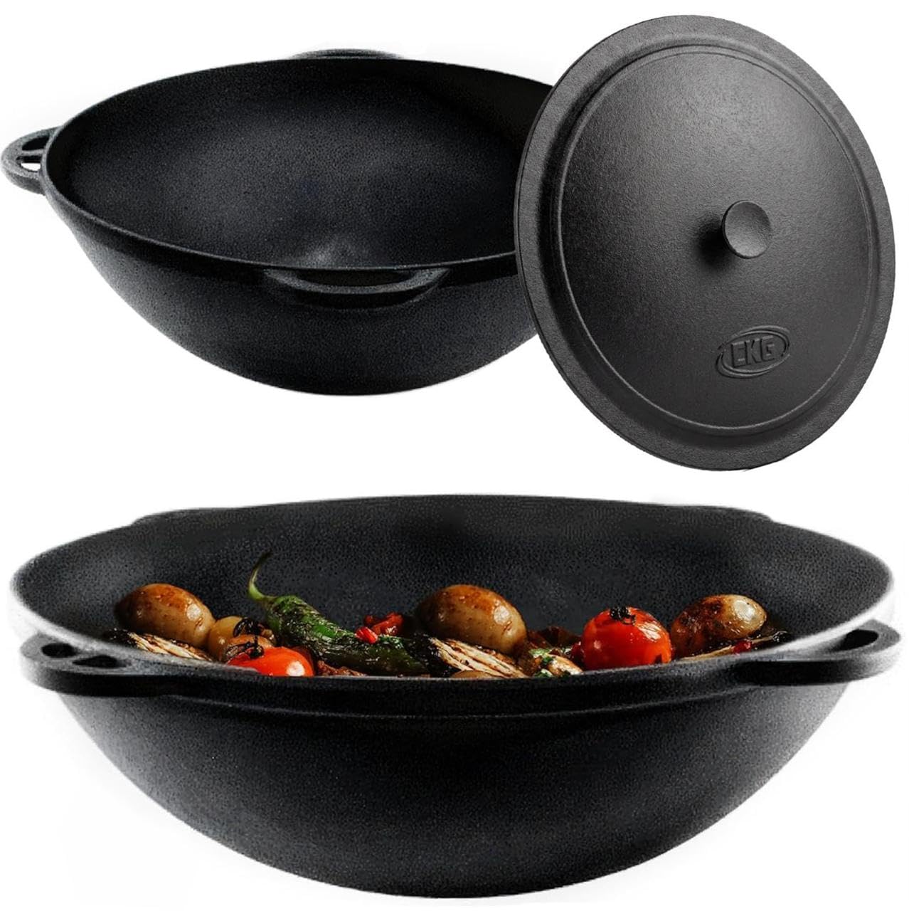 Kazan Uzbek Cast Iron Kazan for Plov Making Cookware Insulated Double Handle Pan Wide Mouth Cast Iron Dutch Oven, Outdoor Cooking Frying Pot, Lodge Cast Iron Skillet, 12 L