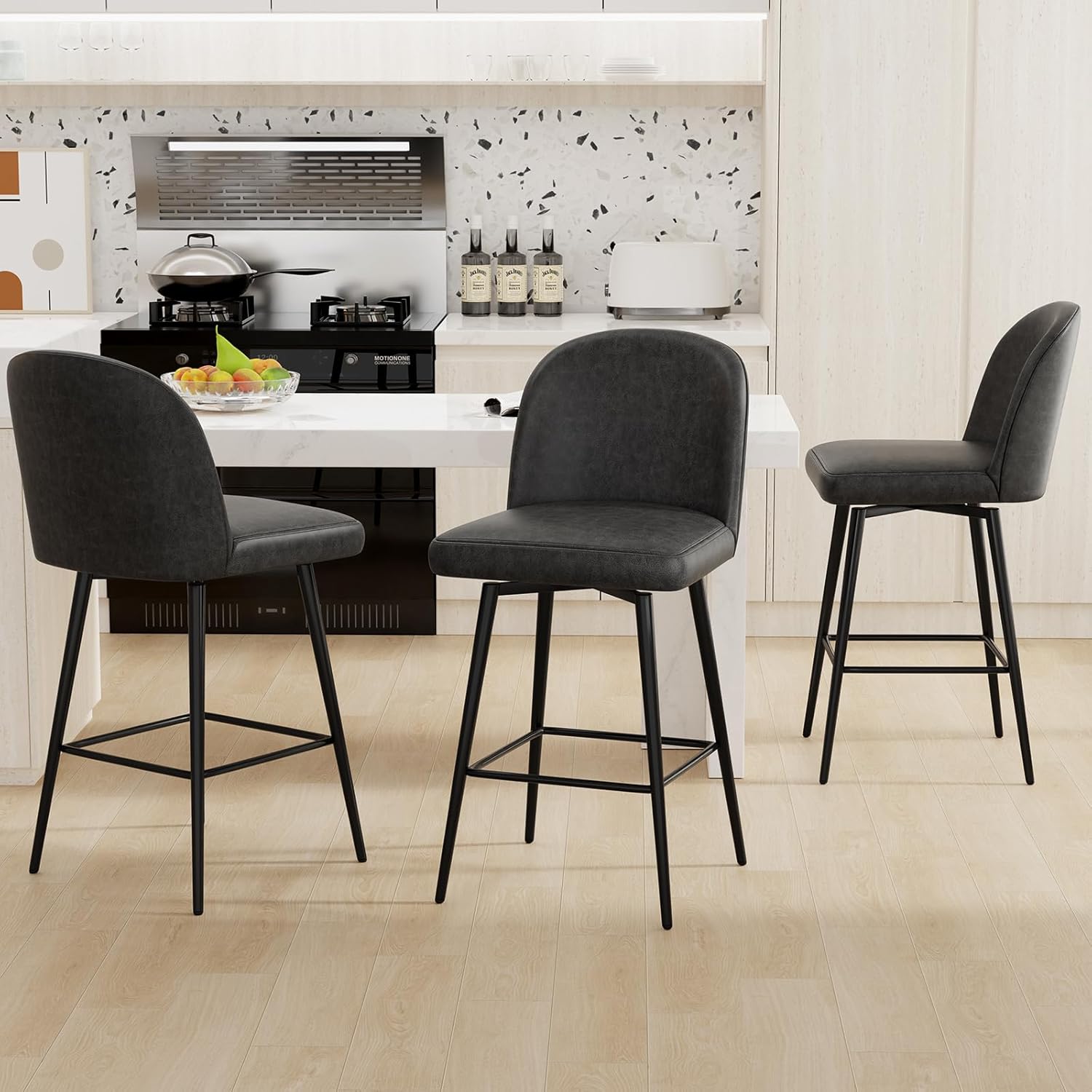 Swivel Bar Stools Set of 2, Upgraded Counter Height Bar Stools with Back, 360° Swivel, Ergonomic Backrest Footrest, Solid Metal Legs, 26 Inch Counter Stools for Kitchen Island Faux Leather Black
