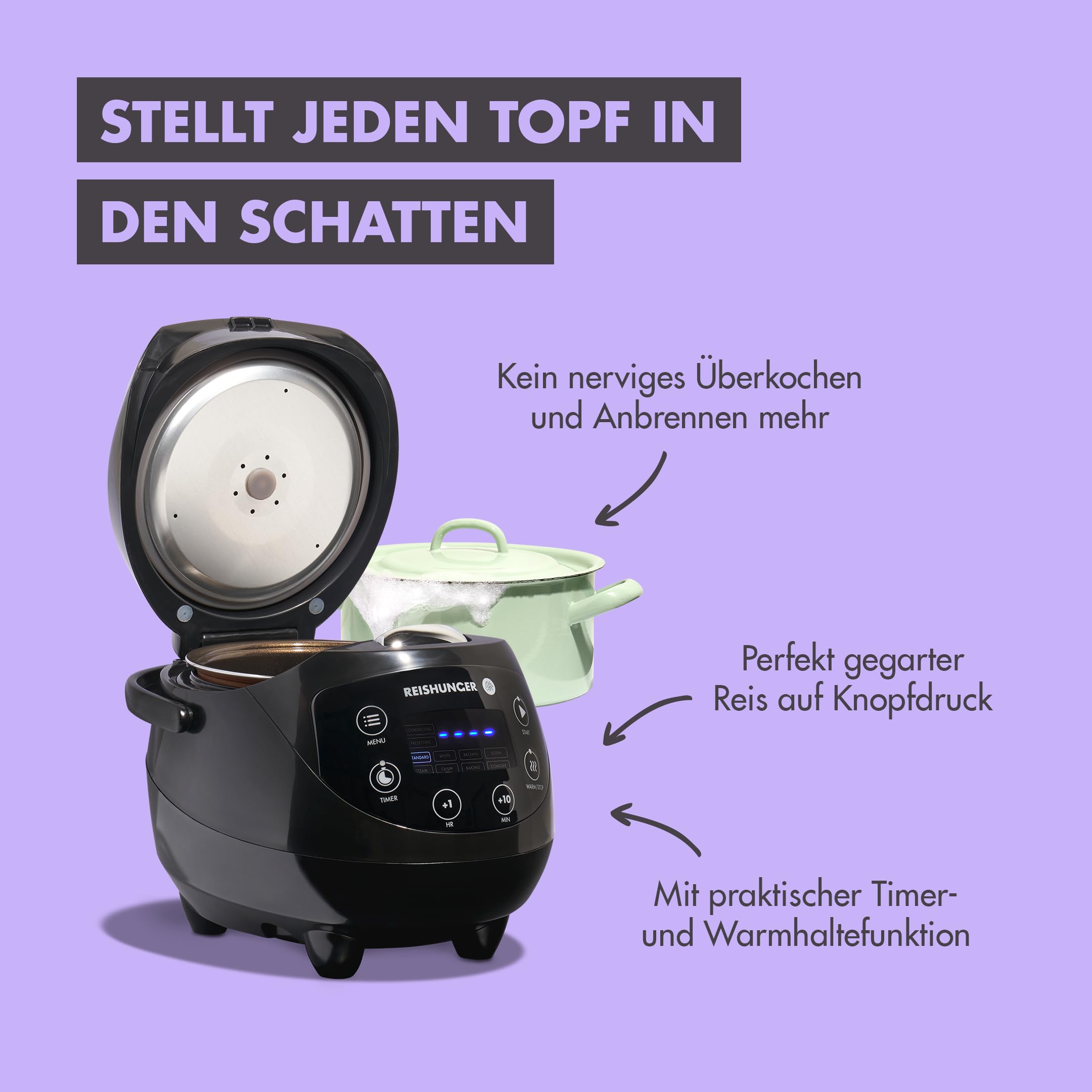 REISHUNGER Digitaler Reiskocher klein – 0,6 L bis 3 Personen – Schwarz | Warmhaltefunktion, Timer & Premium Topf – Kleiner Multikocher & Dampfgarer – 8 Programme, 7-Phasen-Technologie