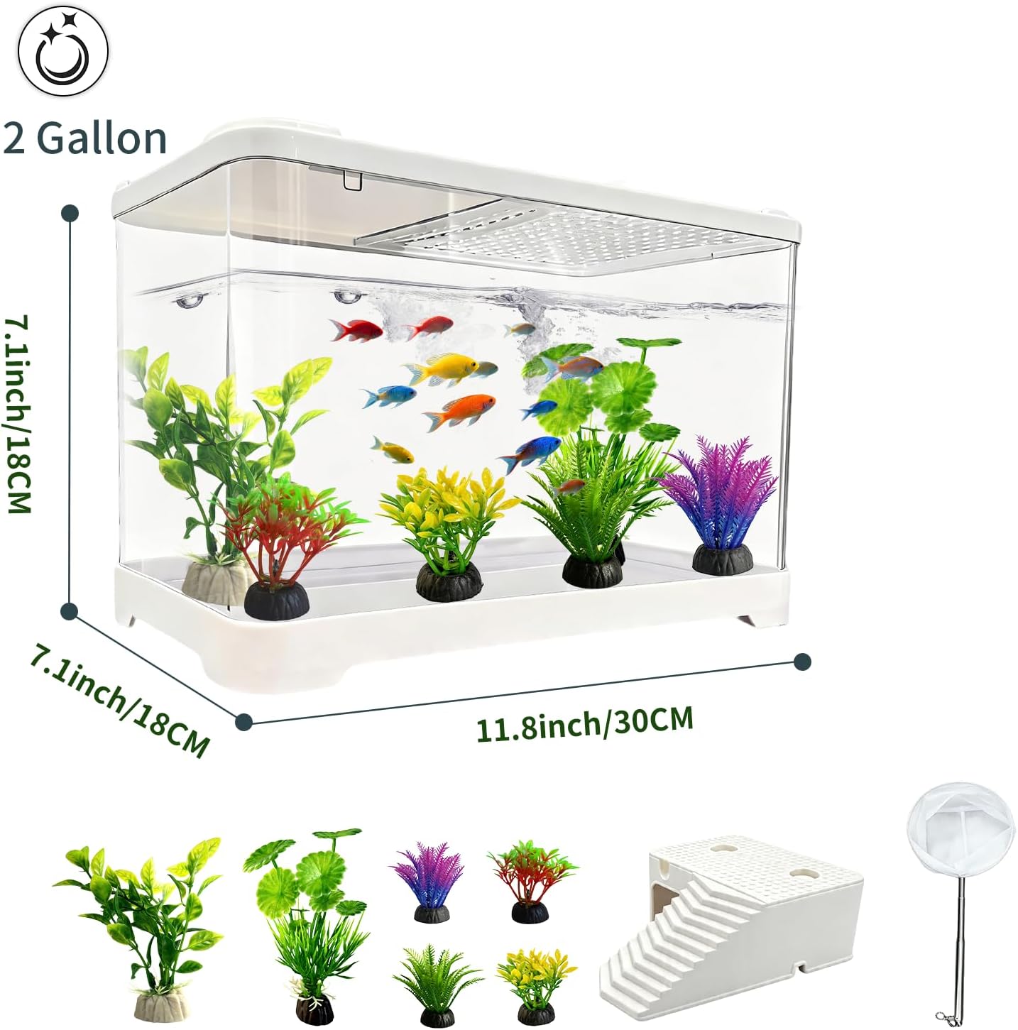 2 Gallon Plastic Betta Fish Tank, Unbreakable Small Portable Fish Bowl - Desktop Aquarium Starter Kit,Clear Rectangular Fish Tank for Goldfish Aquatic Shrimp, 9-Piece Set for Home Decoration.
