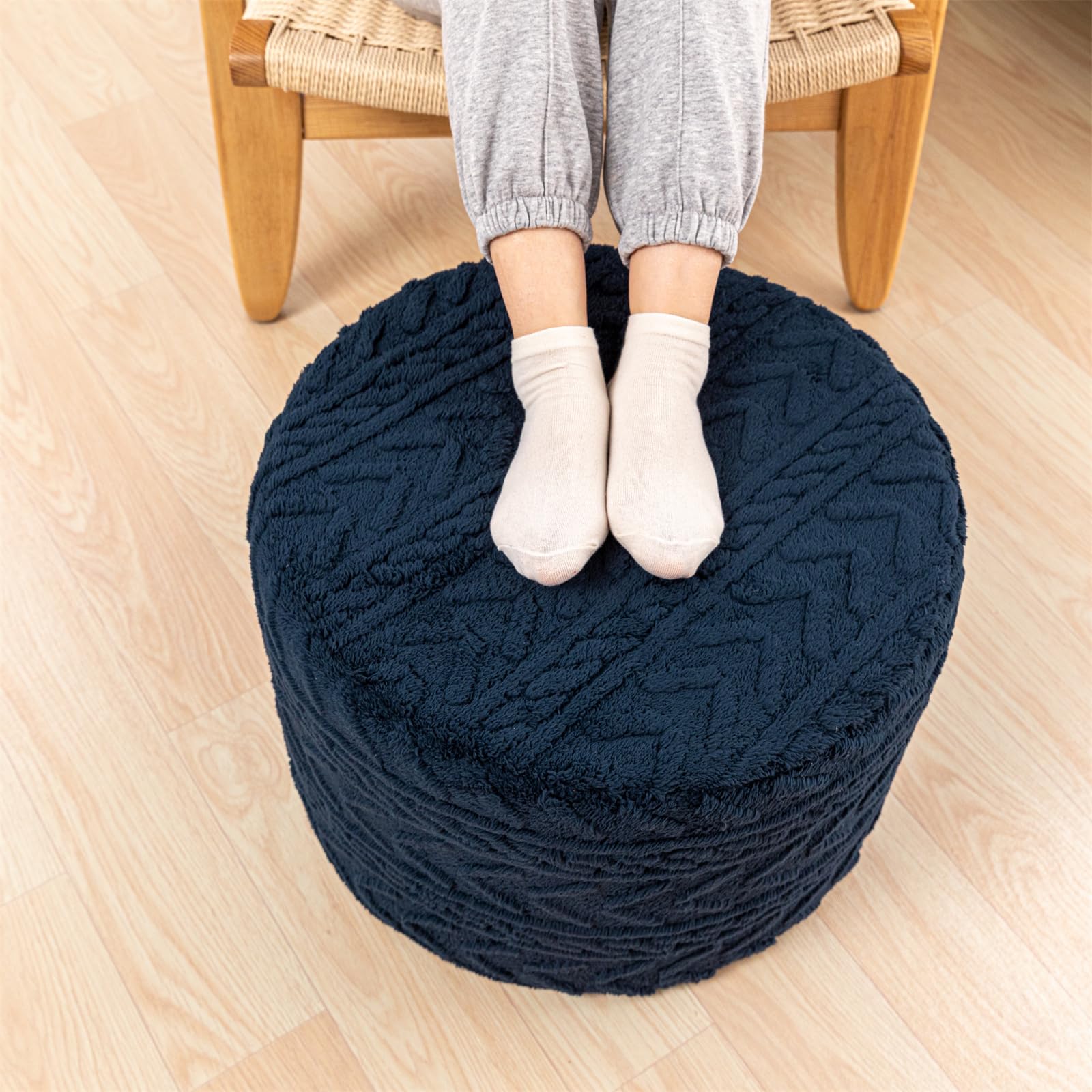 Beawelkomjo Boucle Pouf Ottoman and Foot Rest 20 x 20 x 14 Inches Floor Pouf Boho Foot Stool Home Decor for Couch Sofa Bean Bag Chairs Navy Blue