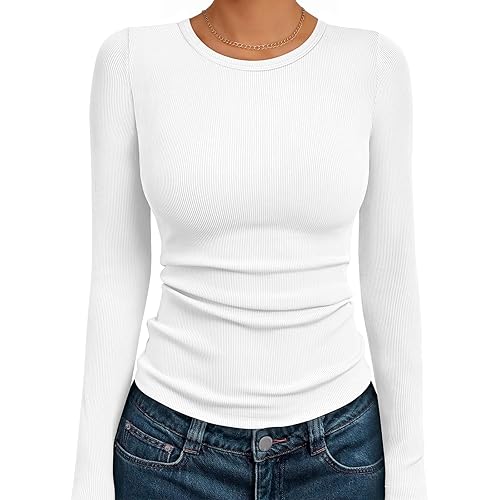 AUTOMET Women's Long Sleeve Blouses Shirts with Ribbed Knit Work Office Basic Tops