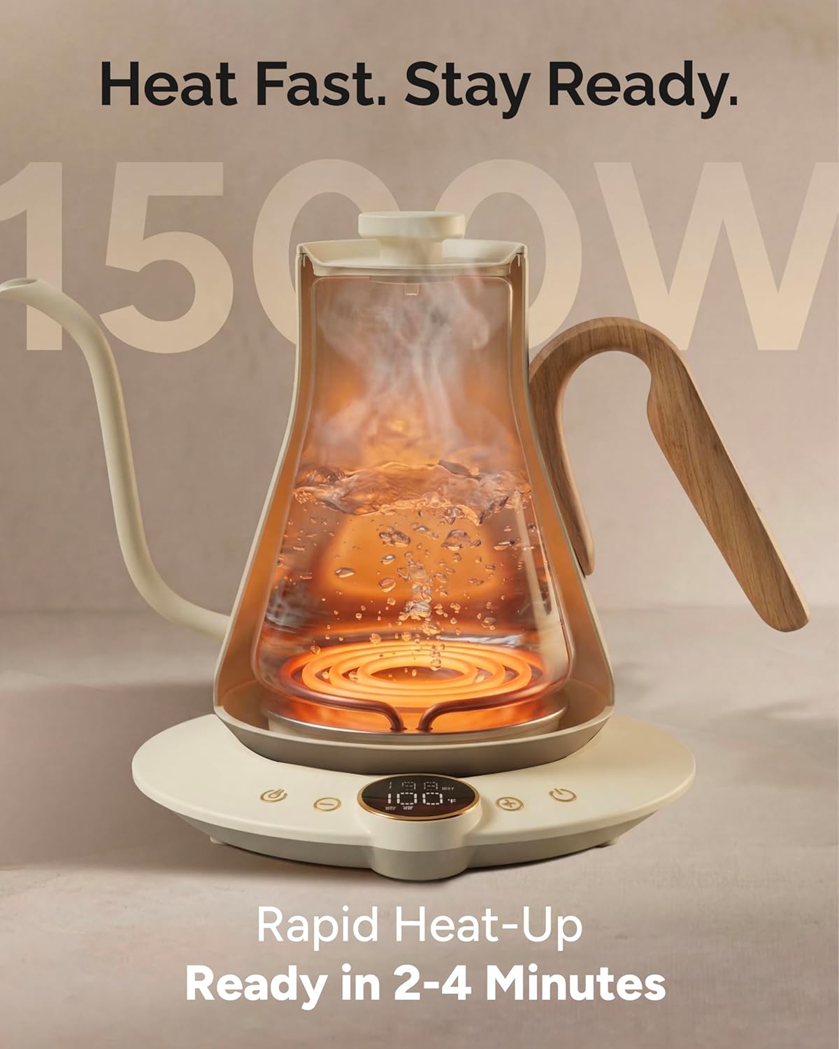 Gooseneck Electric Kettle, ±1℉ Temperature Control, Stainless Steel Inner, Quick Heating, for Pour Over Coffee, Brew Tea, Boil Hot Water, 1500W/0.9L (Morandi White)