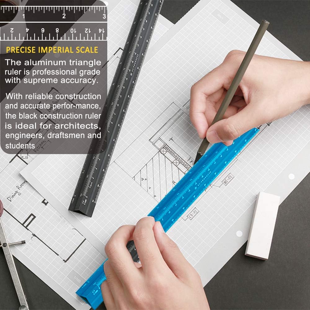 Architectural Scale Ruler, 12" Aluminum Architect Scale, Triangular Scale, Scale Ruler for Blueprint, Triangle Ruler, Drafting Ruler, Architect Ruler, Metal Scale Ruler, Architecture Ruler : Office Products