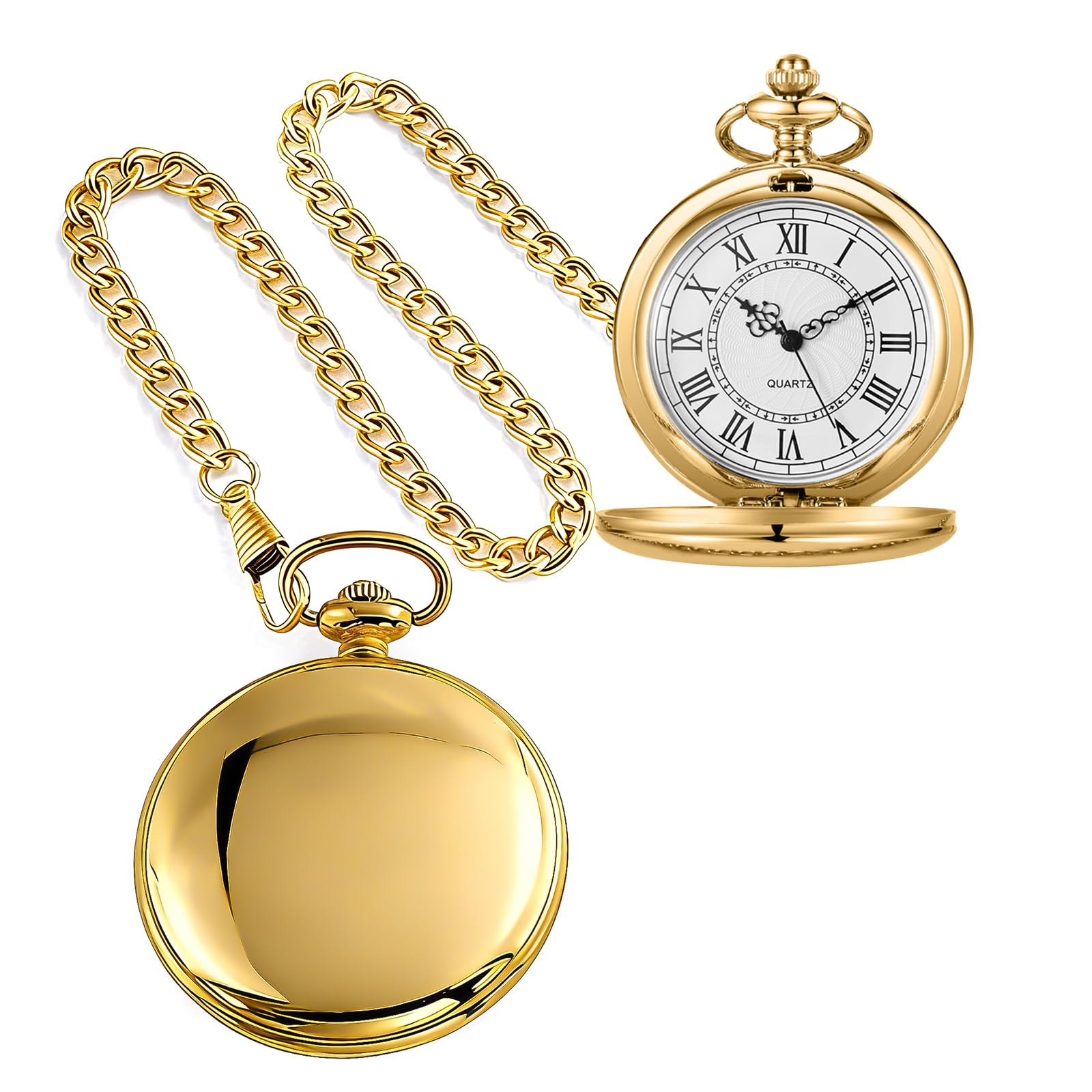 Smooth Pocket Watch Alloy Steel Quartz Roman/Arabic Numerals with 37cm Chain for Father's Day Xmas Best Gifts